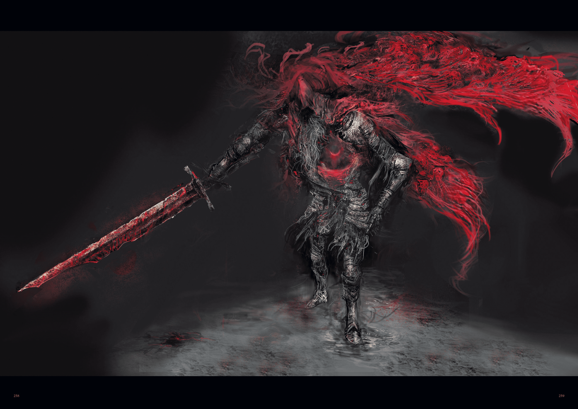 HD PC desktop wallpaper featuring a fierce armored warrior engulfed in red flames, inspired by Dark Souls III: The Ringed City.