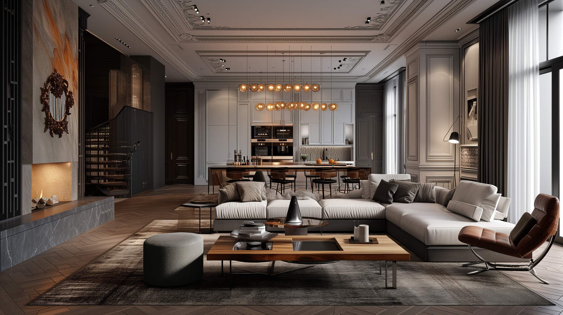 A stylish living room showcasing modern interior design, featuring elegant furniture, a cozy seating area, and ambient lighting, captured in HD for a desktop wallpaper.