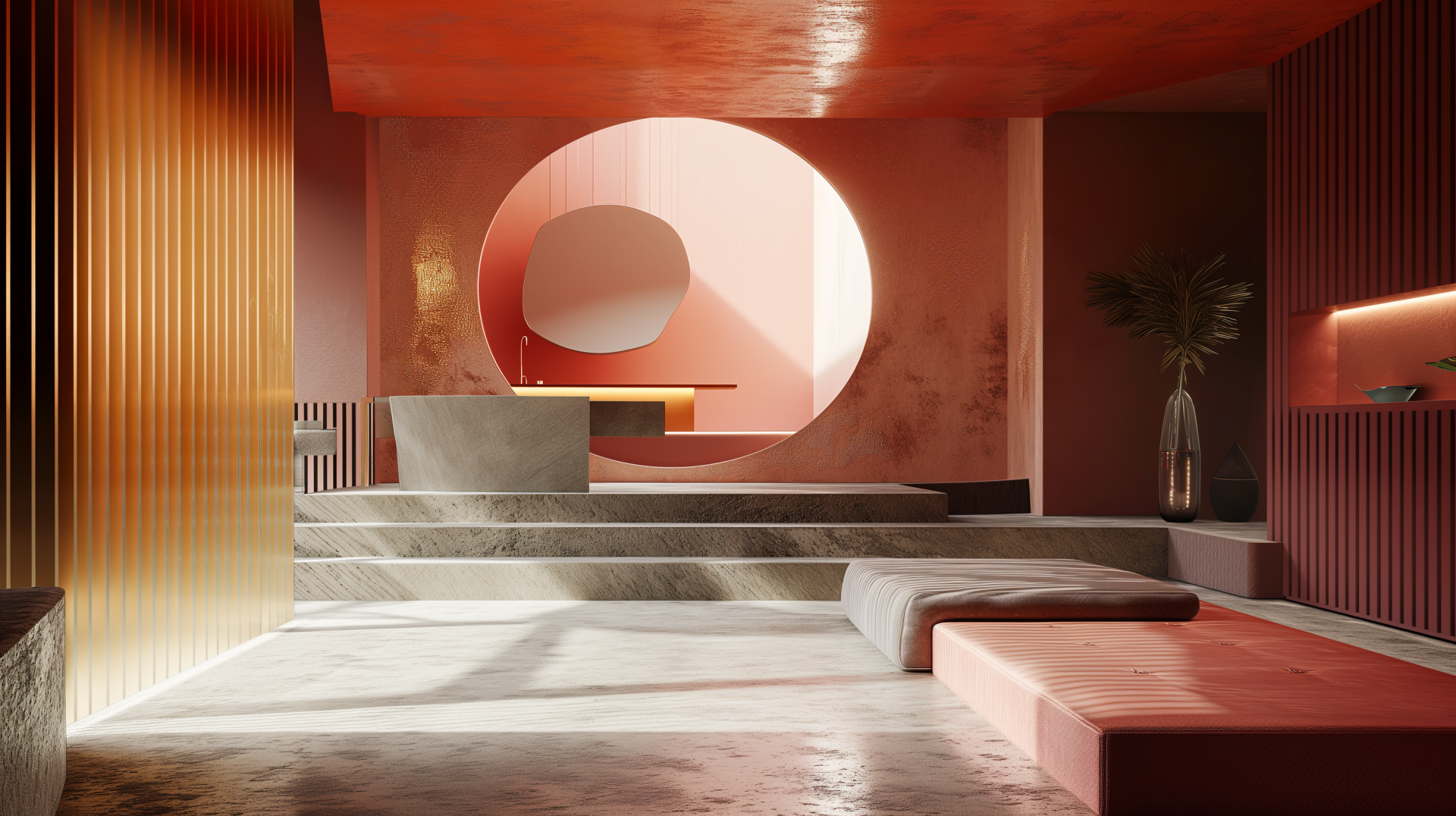 A vibrant interior design featuring bold colors and geometric shapes, showcasing a modern aesthetic with layered textures; serves as an inspiring HD desktop wallpaper and background.