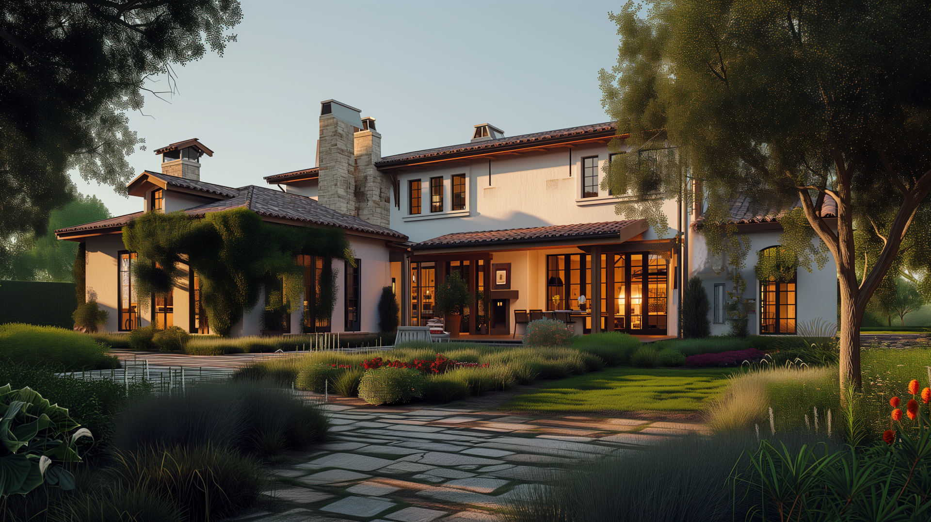 A stunning luxury home featuring elegant architecture, lush landscaping, and warm lighting, making it an inviting backdrop for an HD desktop wallpaper.