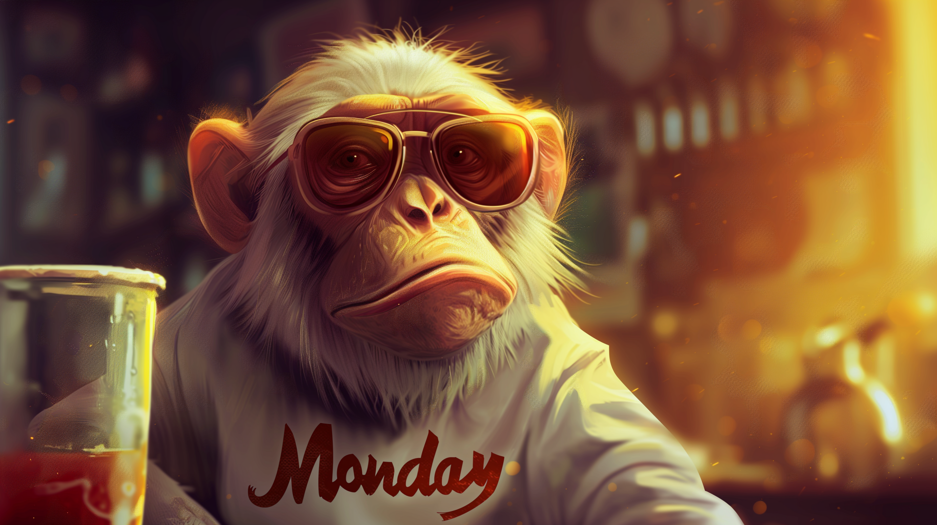 A stylish monkey wearing sunglasses sits in a bar, with a glass in front of it and the word Monday displayed. This HD desktop wallpaper adds a unique flair to your screen.