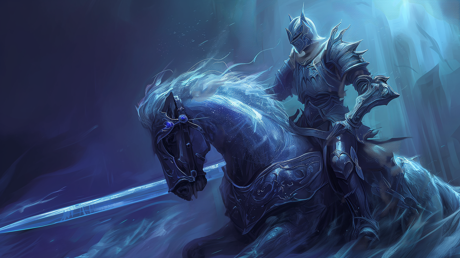 A fantasy knight clad in shining armor rides a majestic black horse, wielding a glowing sword against a mystical backdrop. This captivating image serves as a stunning HD desktop wallpaper.