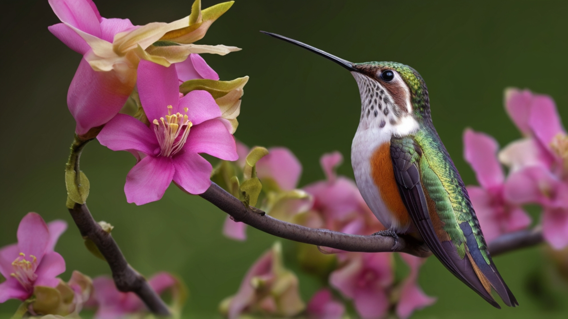 Colorful hummingbird (bird) perched on a tree branch amid pink flowers — HD PC desktop wallpaper and background.