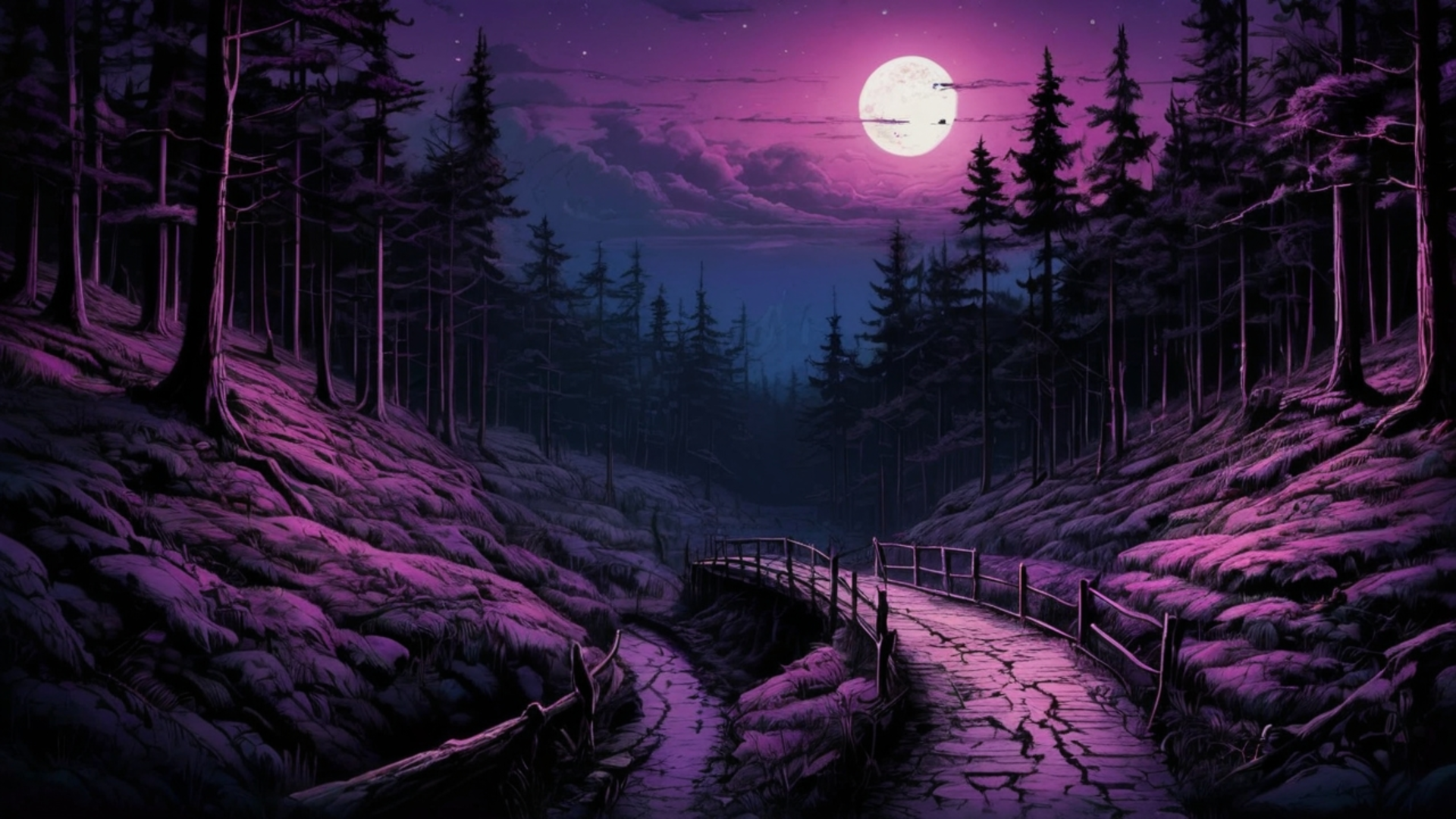HD PC desktop wallpaper of a purple-hued forest at night, featuring a stone bridge under a glowing full moon.