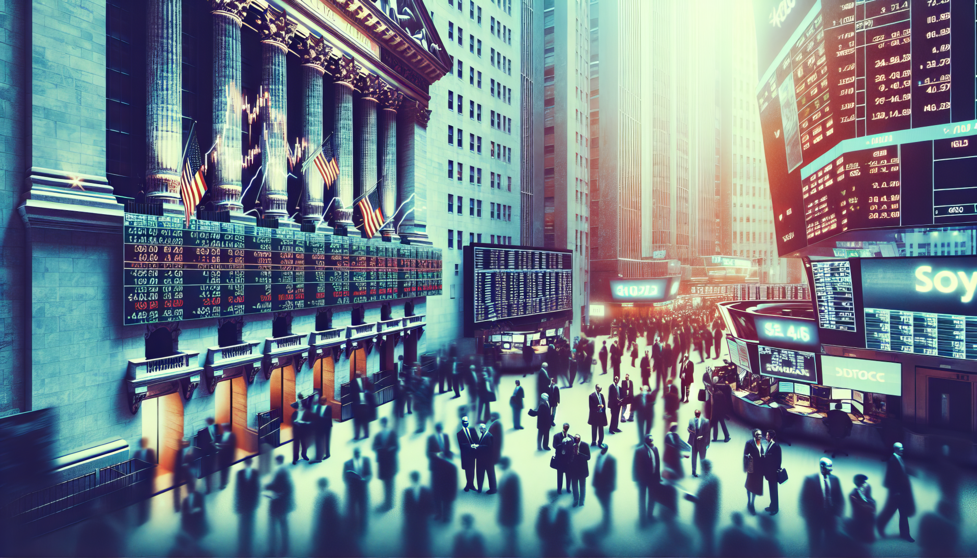 A vibrant stock market scene showcasing bustling traders and towering buildings, creating an engaging HD desktop wallpaper and background.