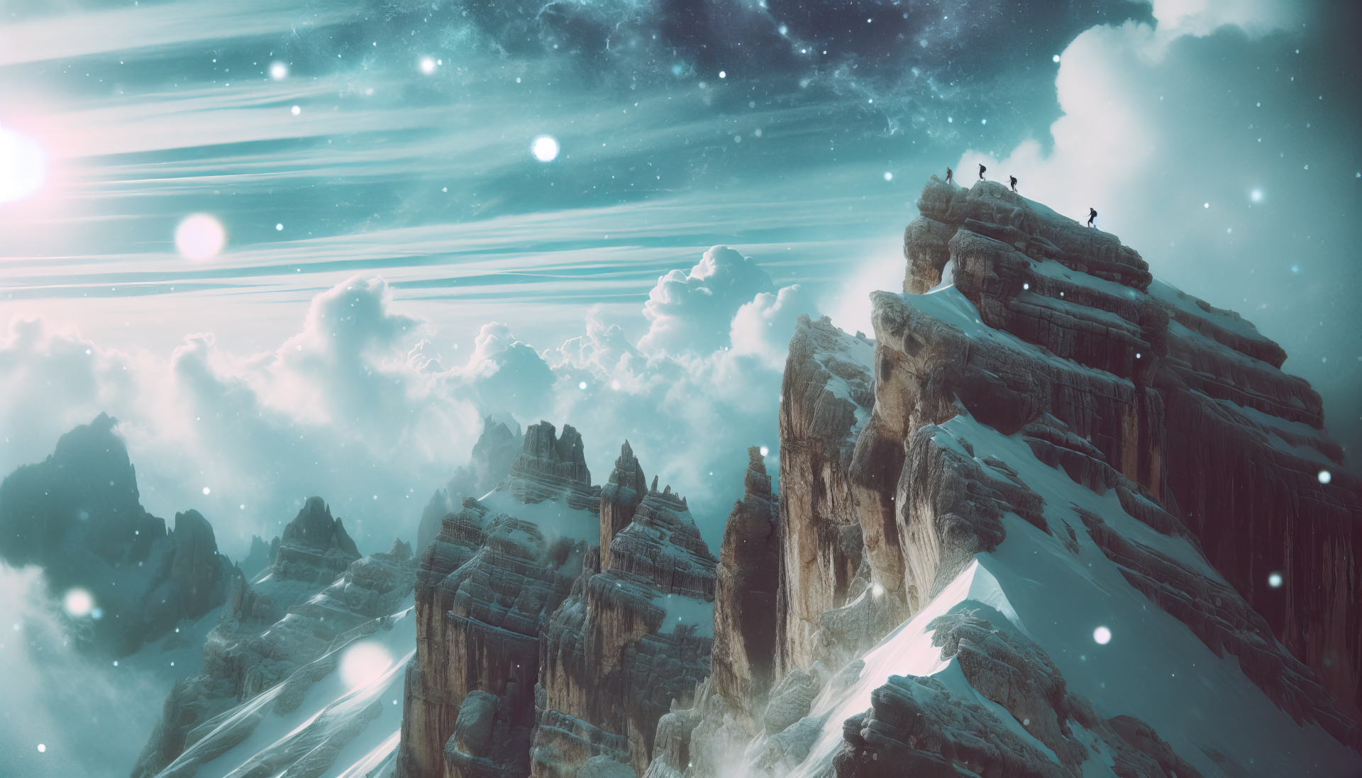 A breathtaking mountain climbing scene showcases climbers navigating steep, snow-covered peaks under a starry sky, making it a stunning HD desktop wallpaper.