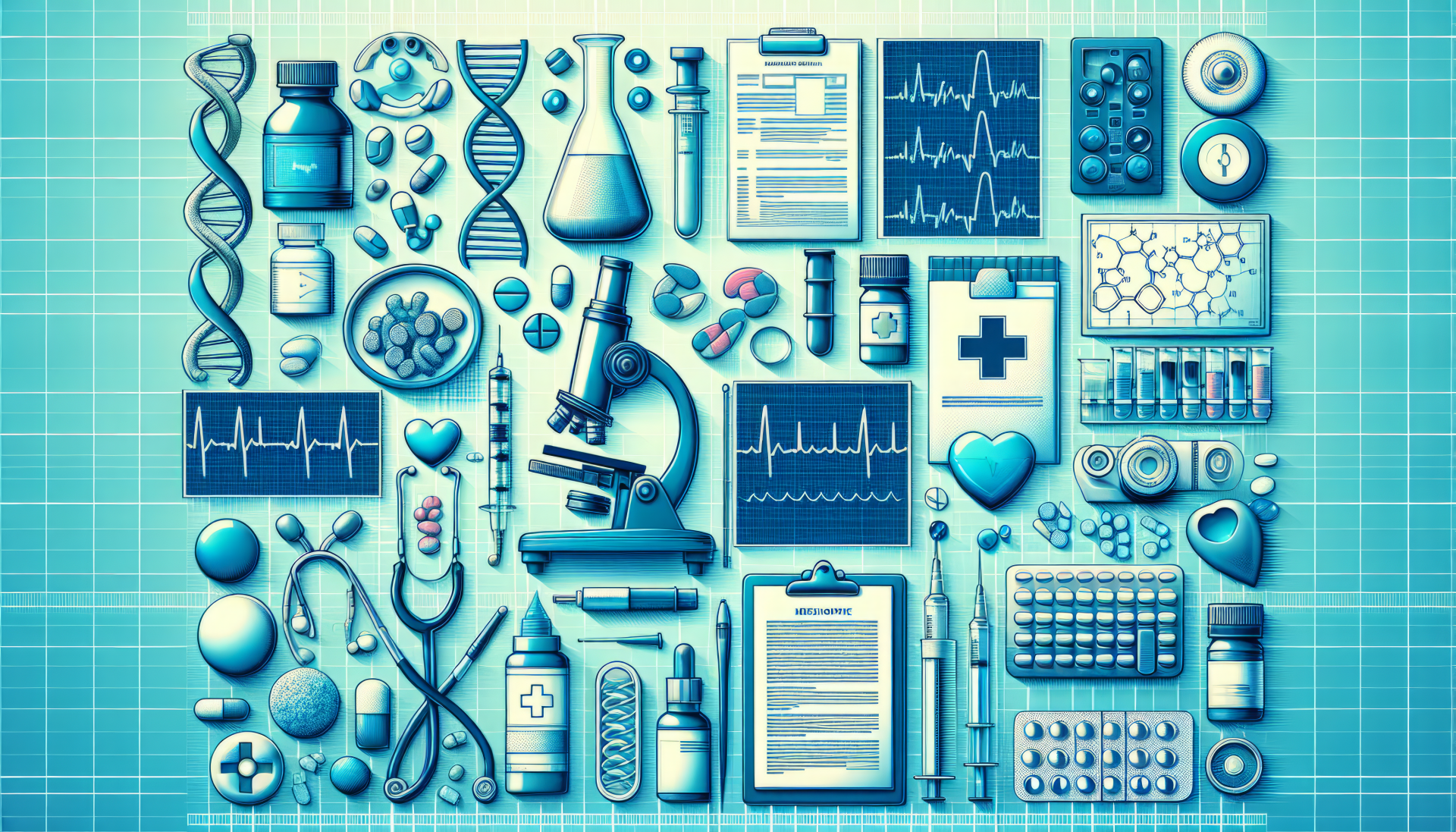 HD desktop wallpaper featuring a collection of medical equipment and icons such as pills, stethoscope, and syringes on a grid background.