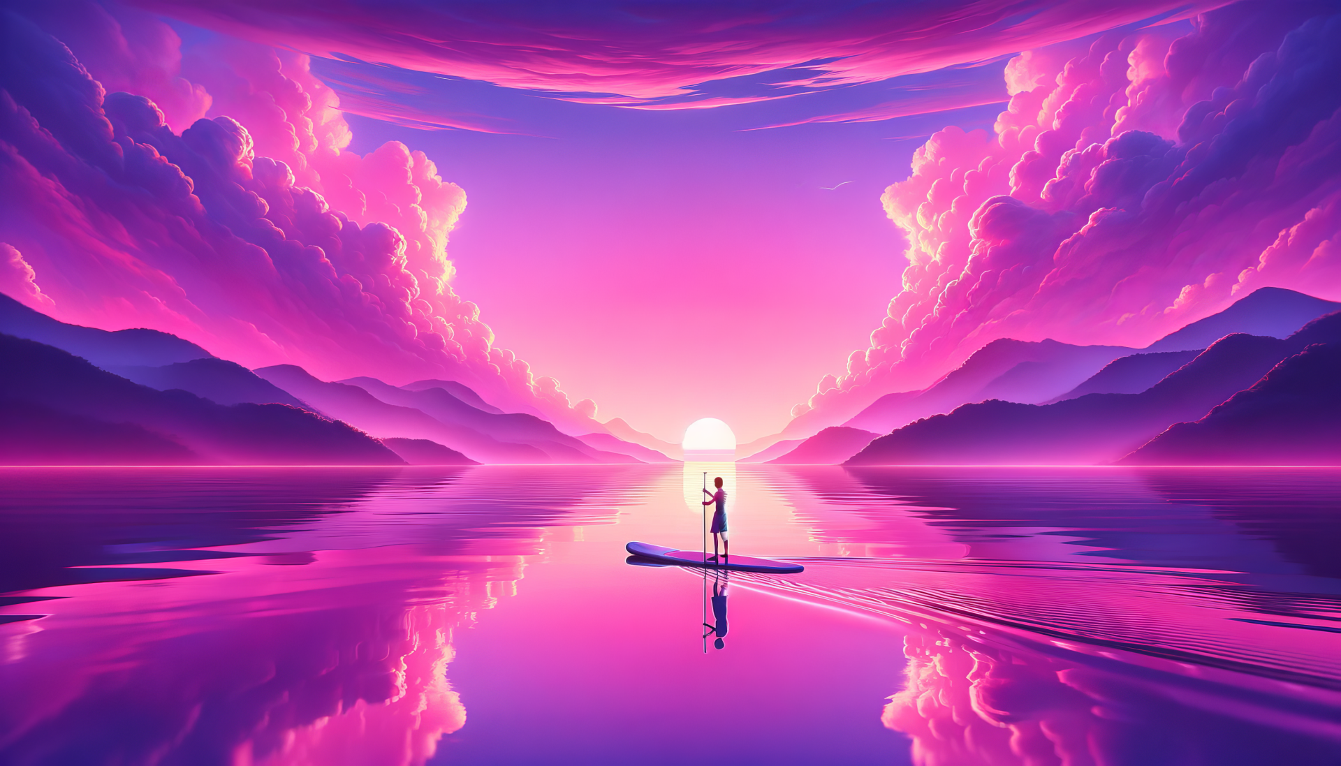 Person on a paddle board in a serene lake at sunset, with vivid purple clouds, for HD desktop wallpaper and background.