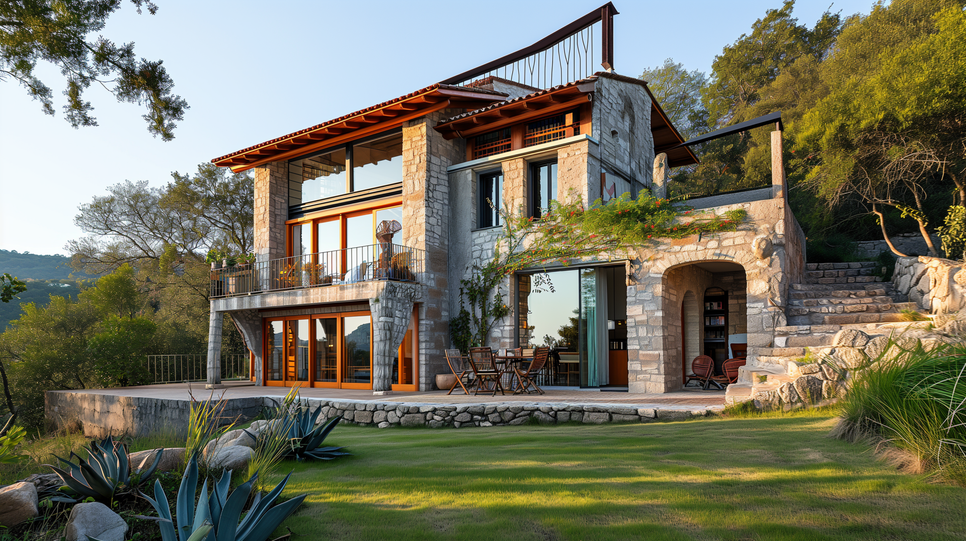 A stunning vacation home set among lush greenery, featuring stone architecture and expansive windows, offers a serene escape. HD desktop wallpaper showcasing its inviting design.
