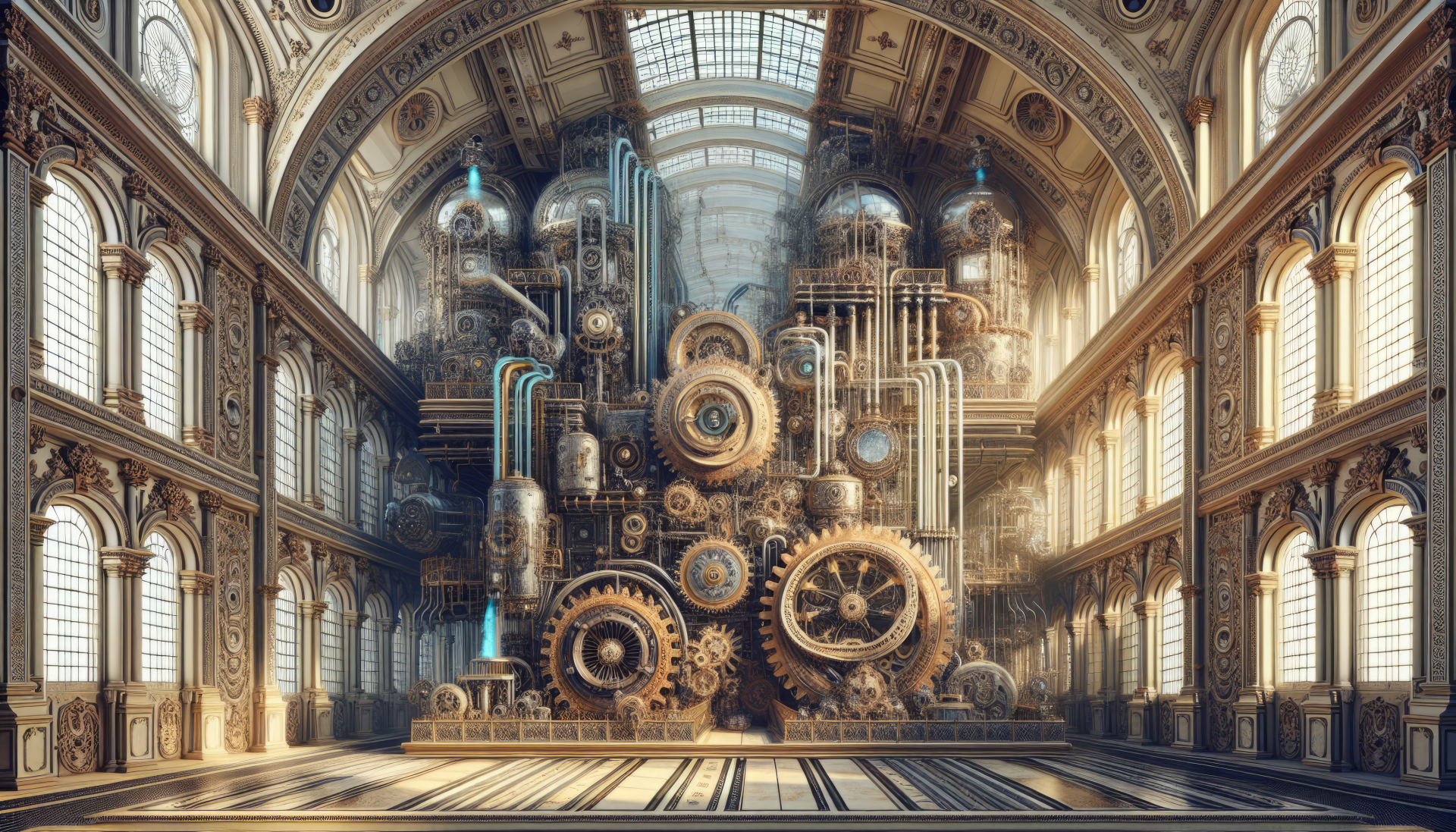HD steampunk-inspired machinery wallpaper with intricate gears and mechanical parts in grand hall for desktop background.