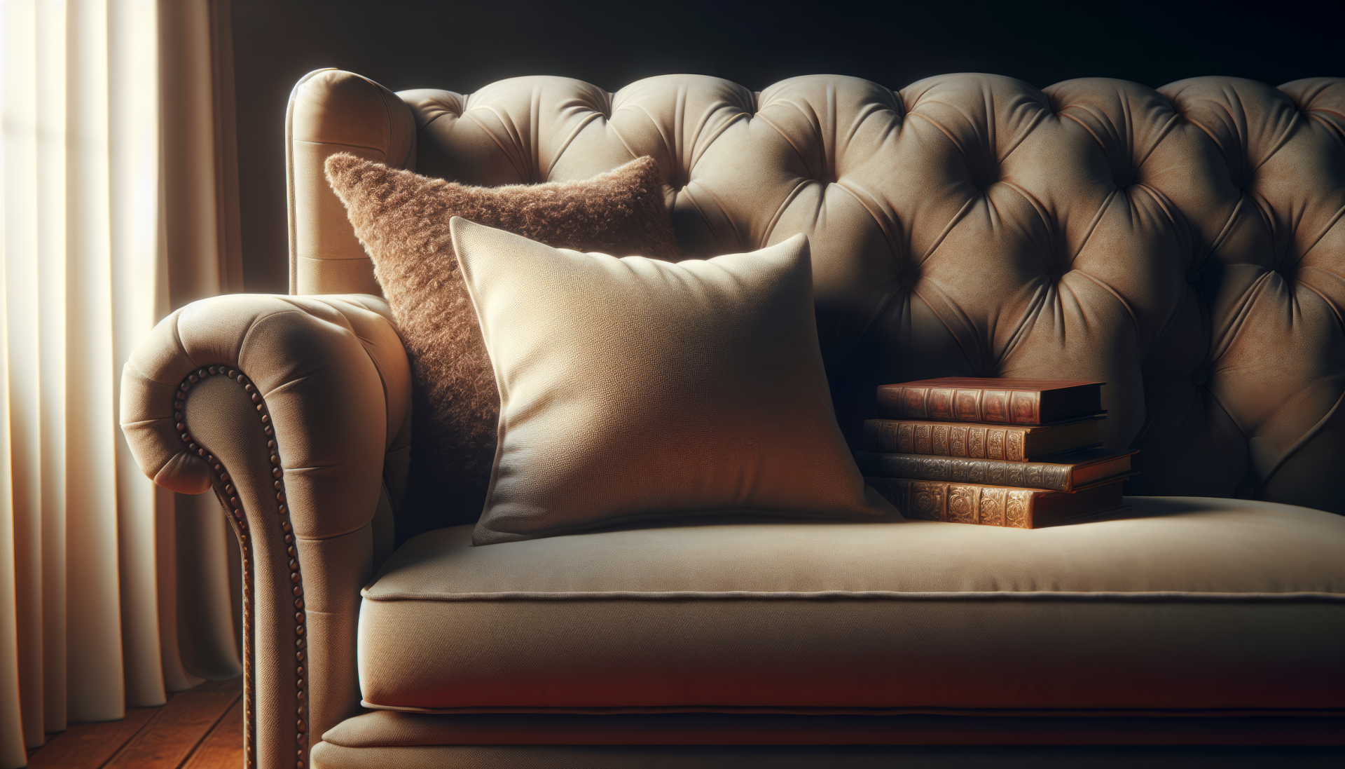 Cozy home interior with plush sofa and decorative pillows in sunlight, HD desktop wallpaper and background.