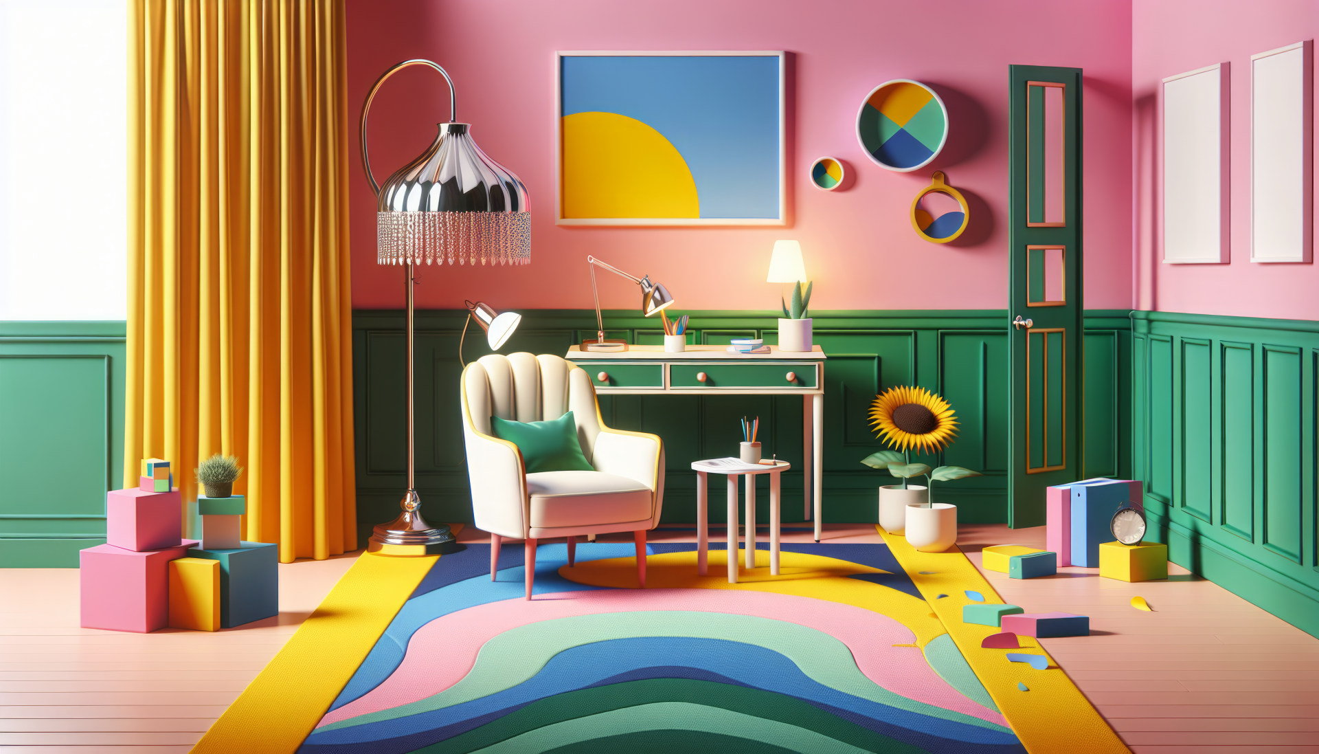 Colorful HD desktop wallpaper featuring a stylized interior with vibrant décor and abstract art.