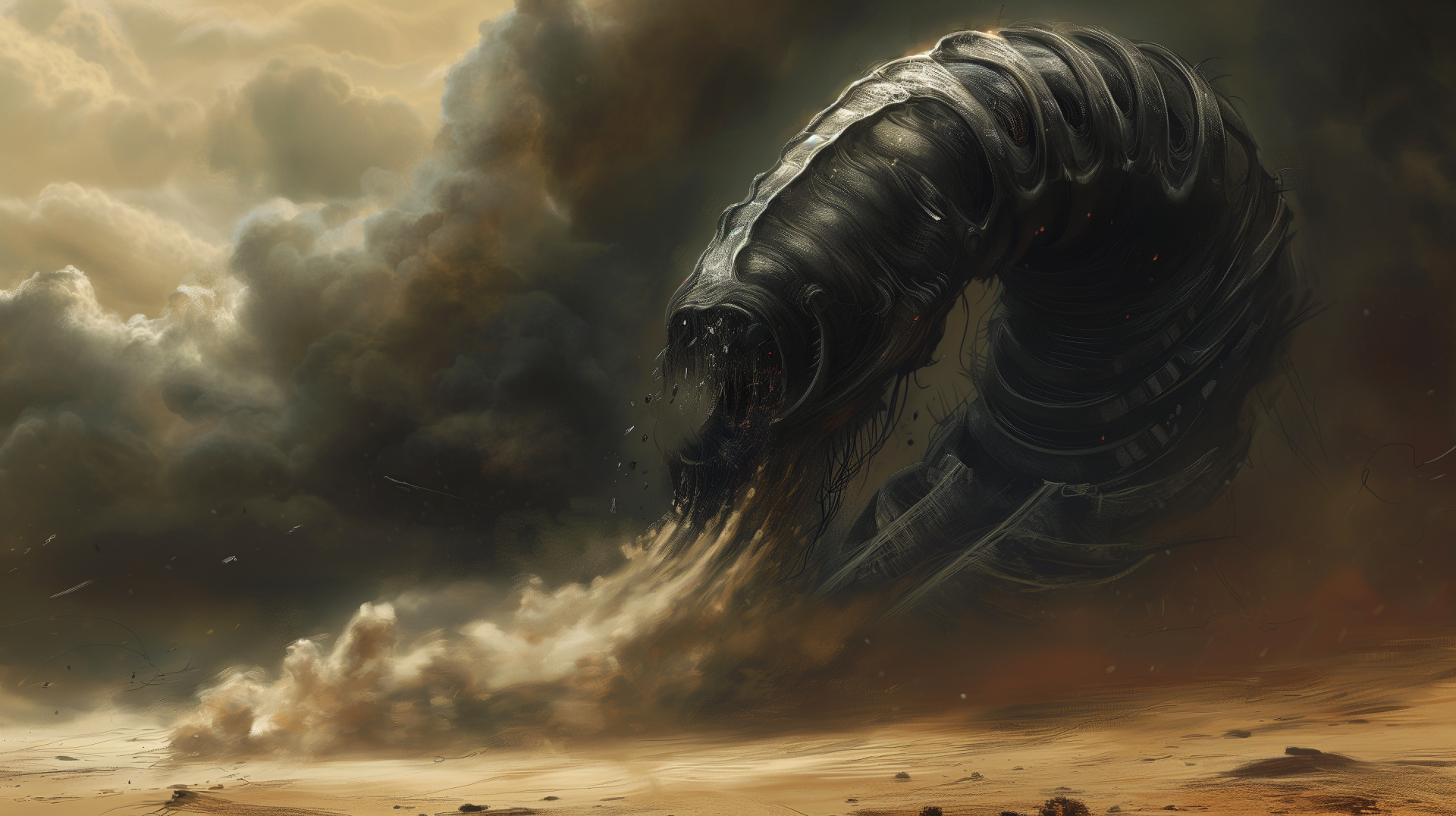 High-definition desktop wallpaper featuring an artistic rendering of a colossal sandworm emerging from the desert sands under a stormy sky.