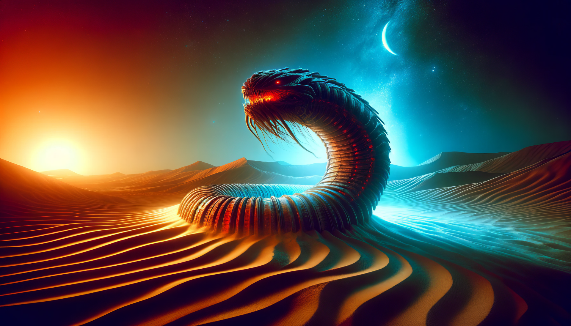 HD desktop wallpaper featuring an artistic depiction of a majestic sandworm emerging from desert dunes under a starry twilight sky.