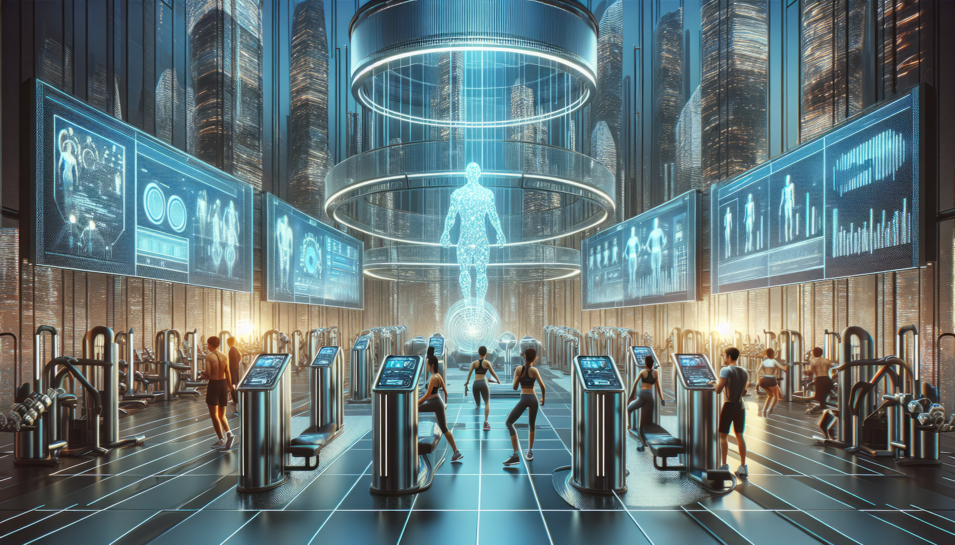 A futuristic gym filled with people exercising on high-tech equipment, illuminated by screens displaying health data and a holographic figure at the center. High-definition desktop wallpaper.