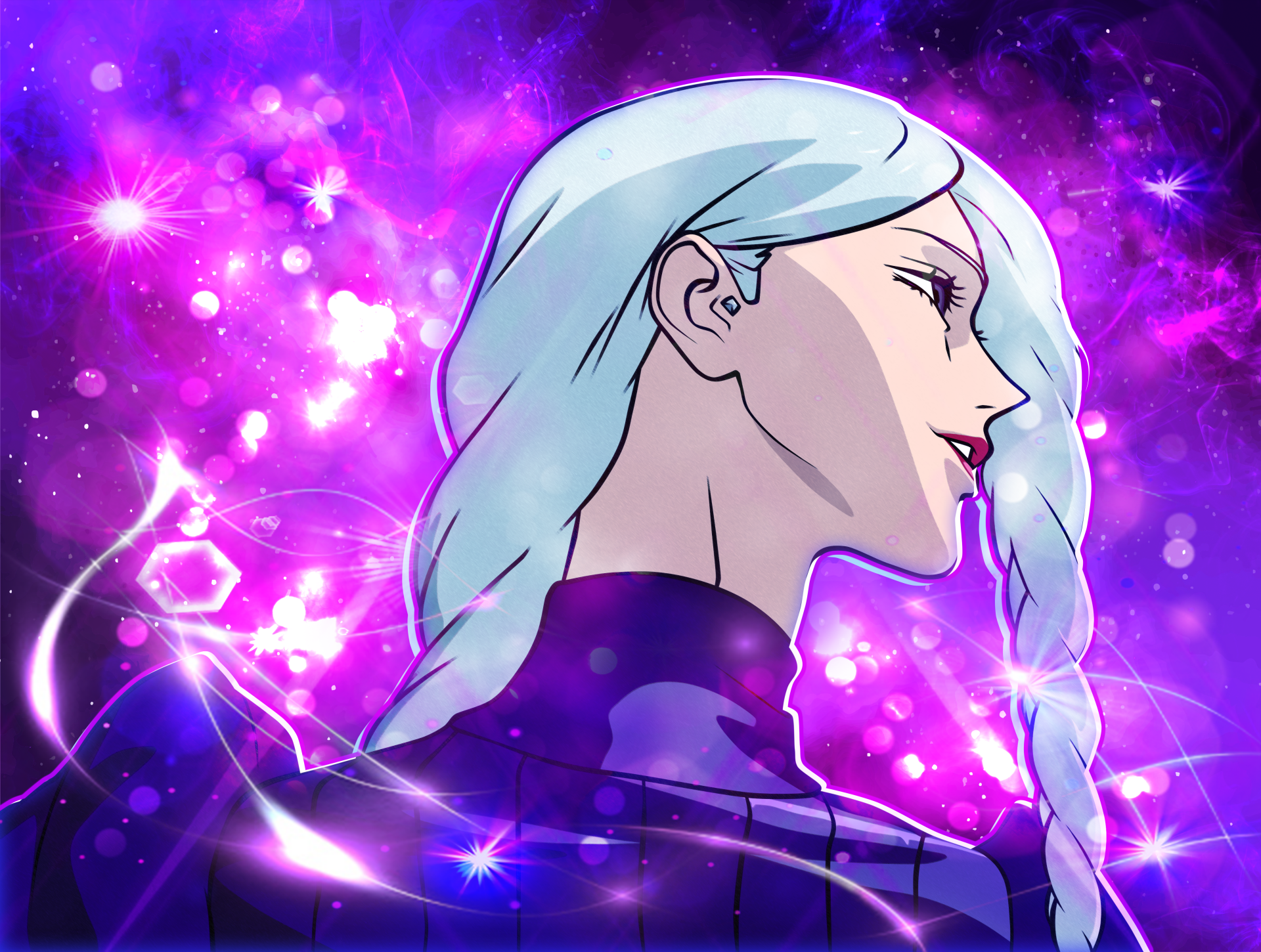 4K Ultra HD anime wallpaper featuring Mei Mei from Jujutsu Kaisen with glowing purple and pink cosmic background on a PC desktop.