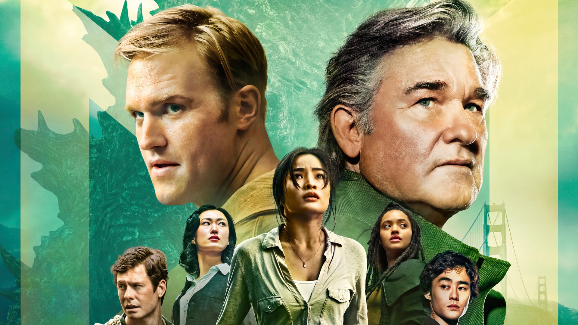 HD wallpaper featuring cast of TV show 'Monarch: Legacy of Monsters' with a stylized green background and series title.