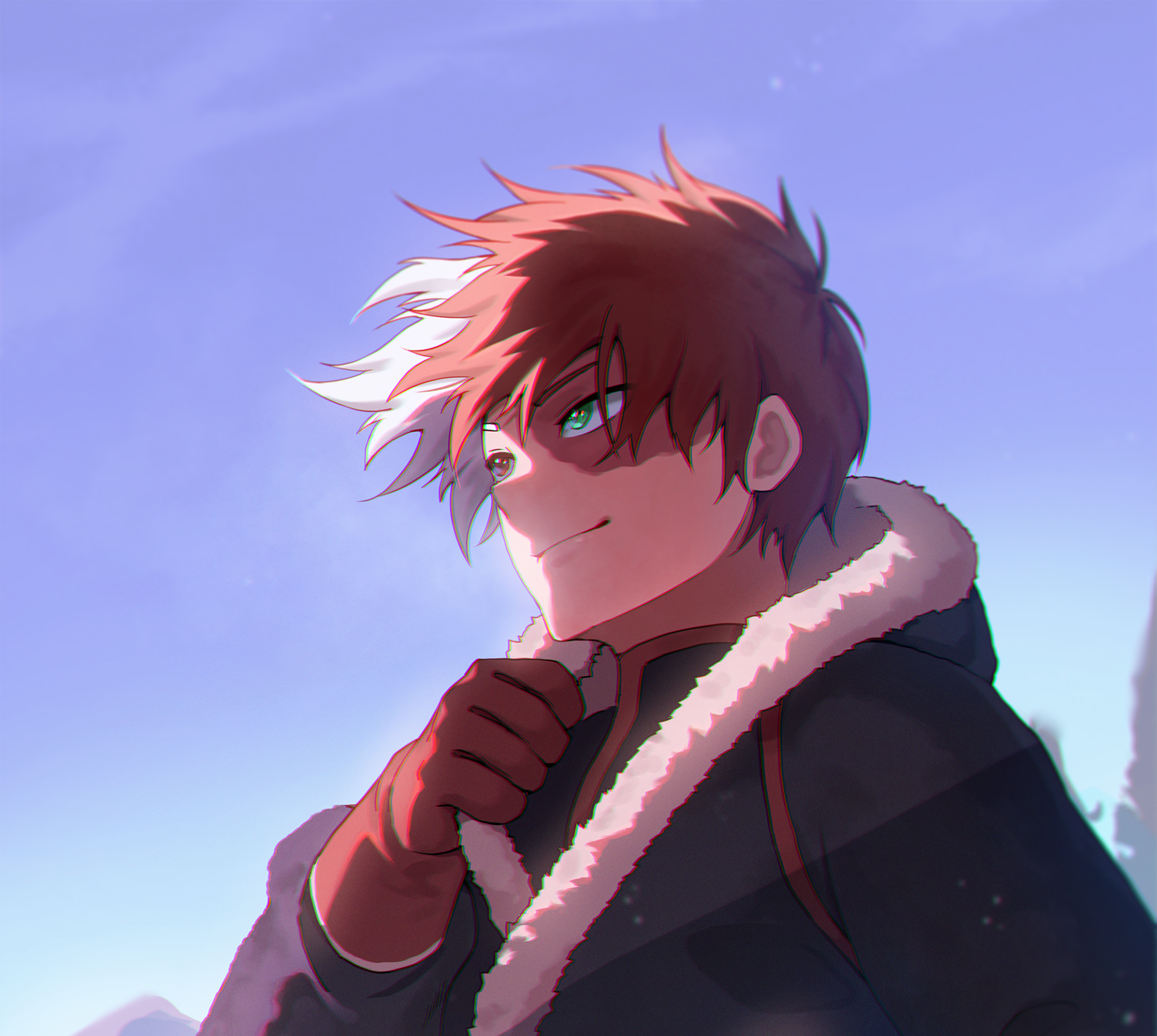 HD anime desktop wallpaper featuring Shoto Todoroki from My Hero Academia against a clear sky background.