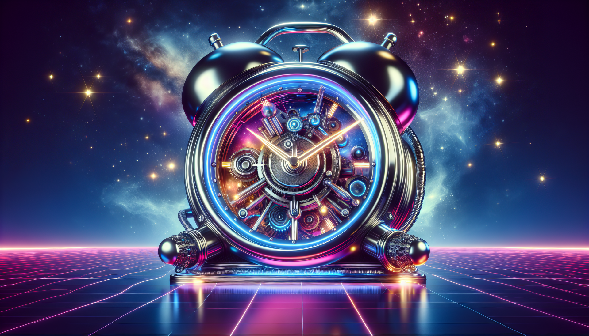 A vibrant, HD desktop wallpaper featuring a retro alarm clock, illuminated with colorful lights, set against a cosmic background filled with stars.