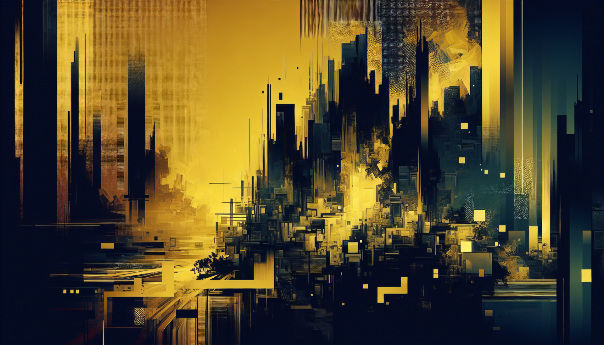 HD abstract cityscape wallpaper with a vibrant yellow and black color scheme for desktop background.