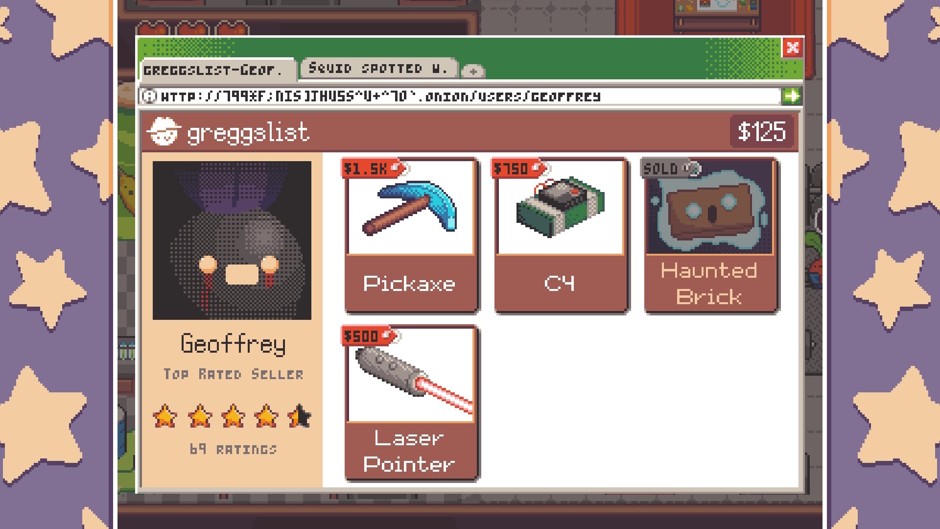 HD desktop wallpaper from the video game Turnip Boy Robs a Bank featuring an in-game shop interface with items for sale such as a pickaxe, C4, haunted brick, and laser pointer.