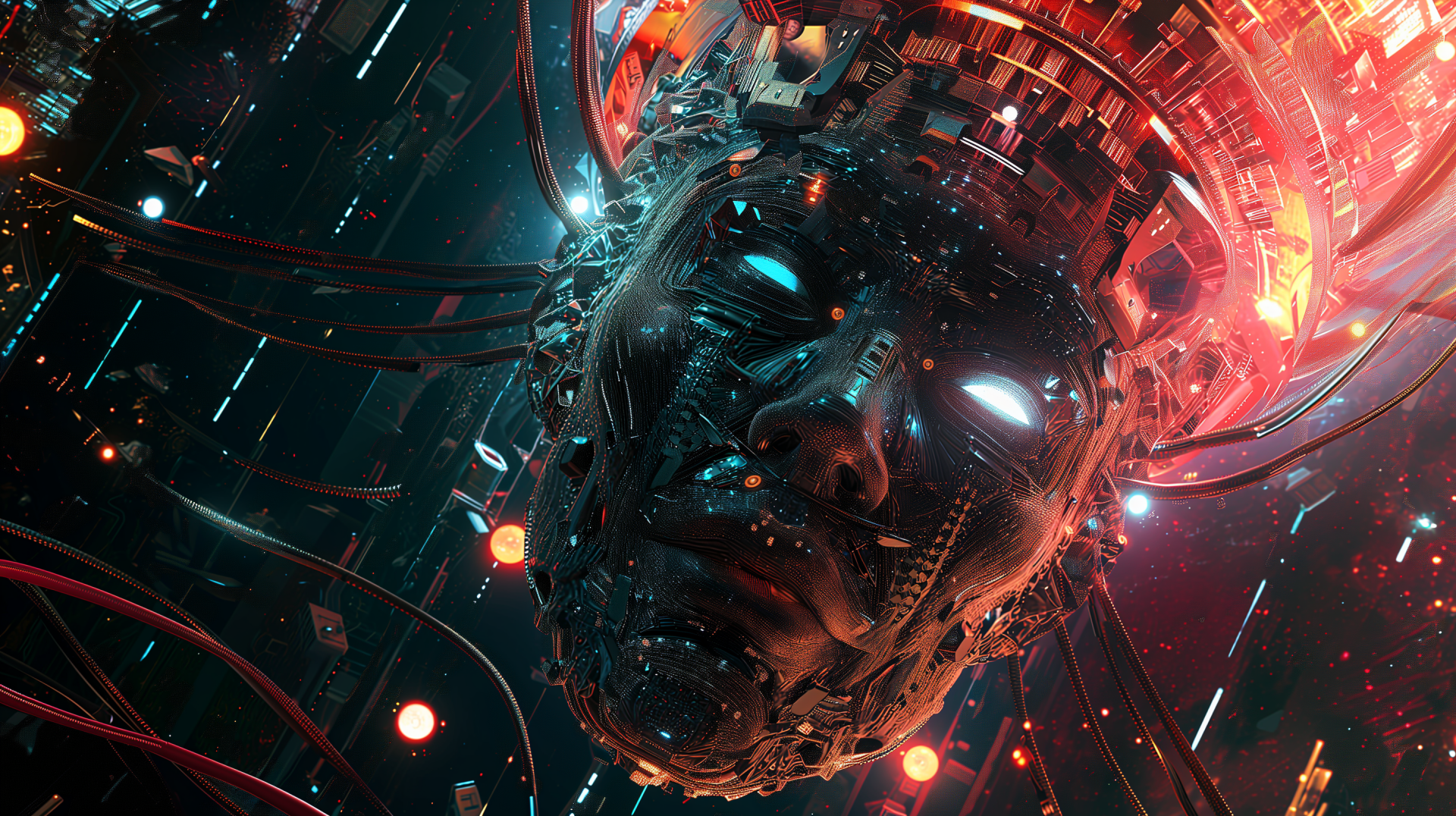 A stunning HD desktop wallpaper featuring a futuristic, robotic face surrounded by glowing circuits and vibrant lights, encapsulating the essence of artificial intelligence.