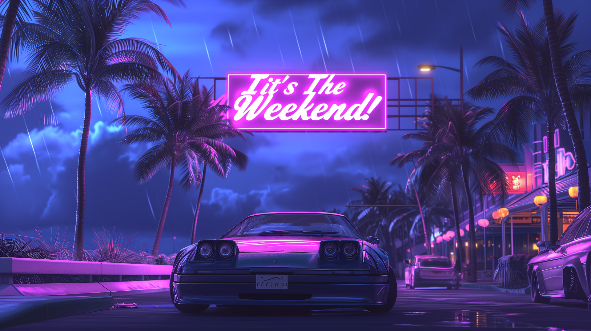 HD desktop wallpaper featuring a retro car under a neon It's The Weekend sign with a vibrant twilight streetscape background.