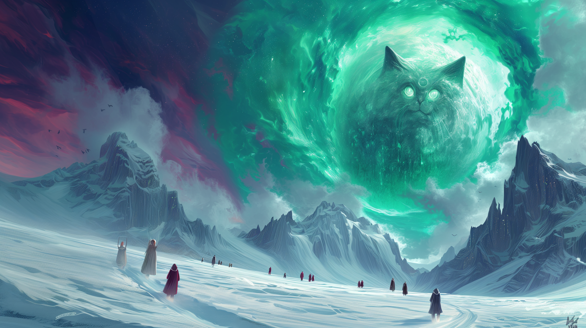 HD PC desktop wallpaper depicting a cosmic horror scene with a giant glowing-eyed cat face resembling Cthulhu emerging from a swirling green vortex above snowy mountains.