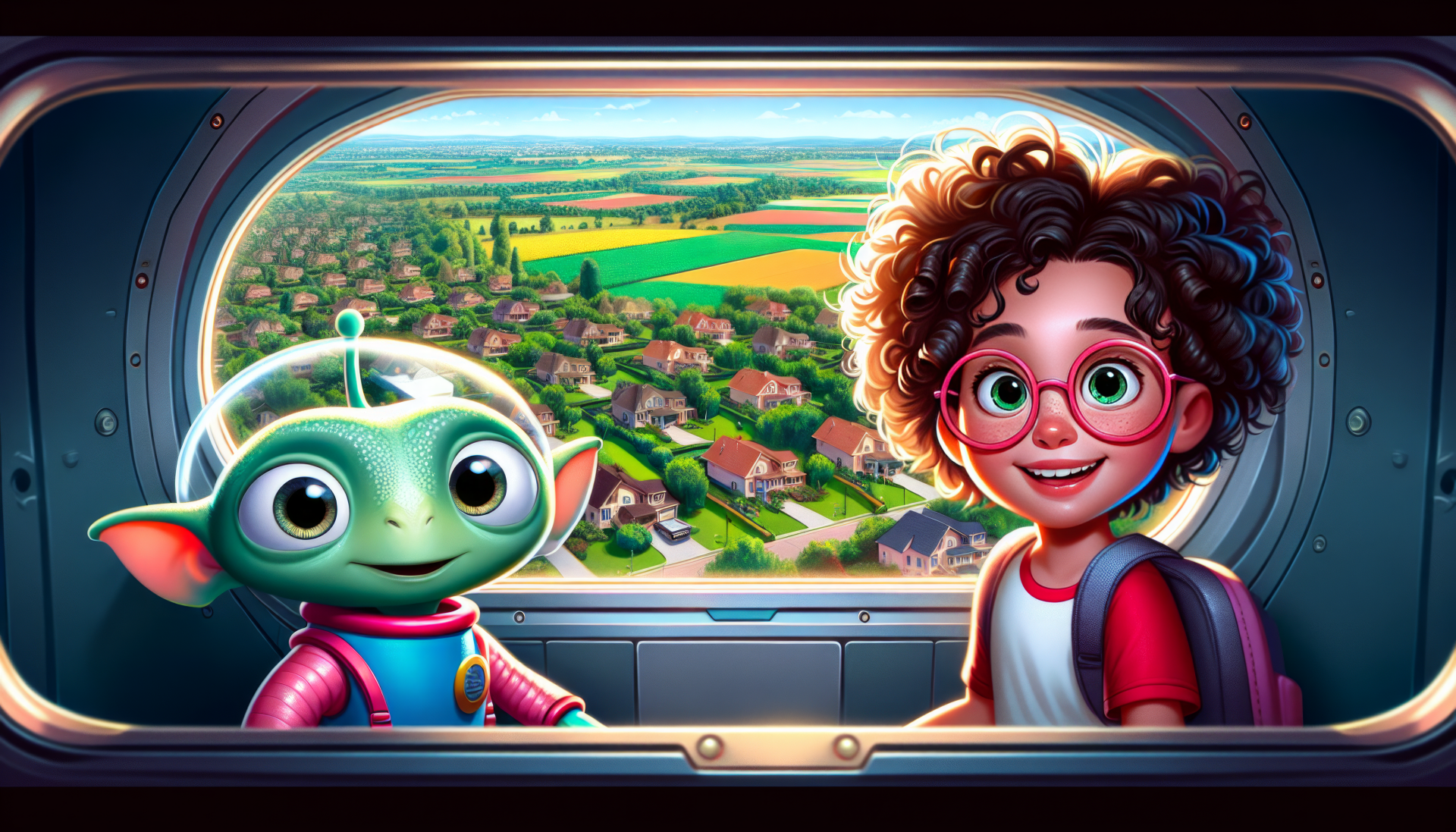 HD wallpaper featuring a cartoon boy and an alien looking out of a spaceship window at a picturesque landscape.
