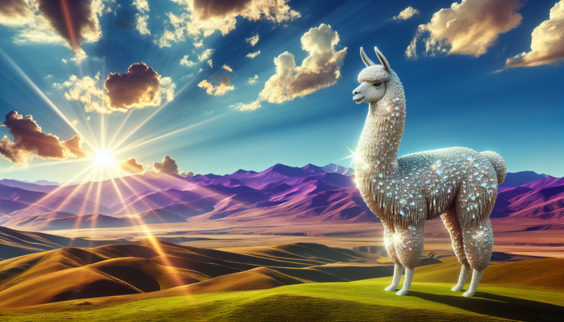 Alpaca standing on a grassy hill with a vibrant sunset over mountainous landscape, HD desktop wallpaper and background.