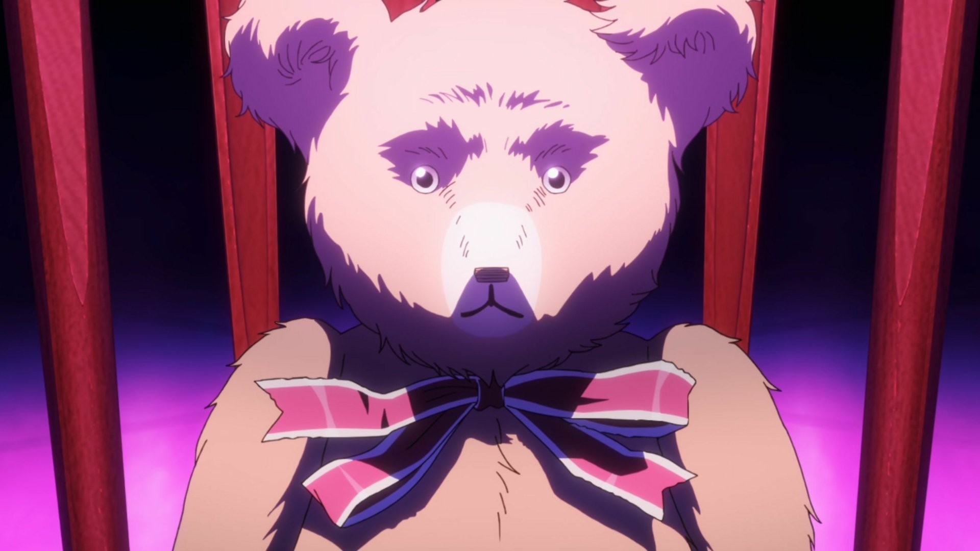 Anime character resembling a panda from the 2023 adaptation of Pluto, showcased in an HD desktop wallpaper with a vibrant pink and purple background.