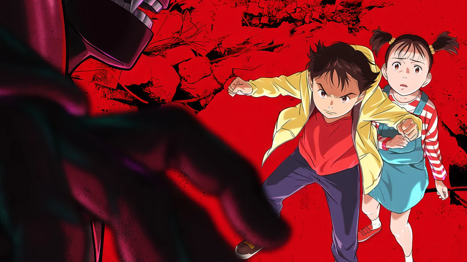 HD desktop wallpaper featuring characters from the 2023 anime series Pluto, with a striking red background.