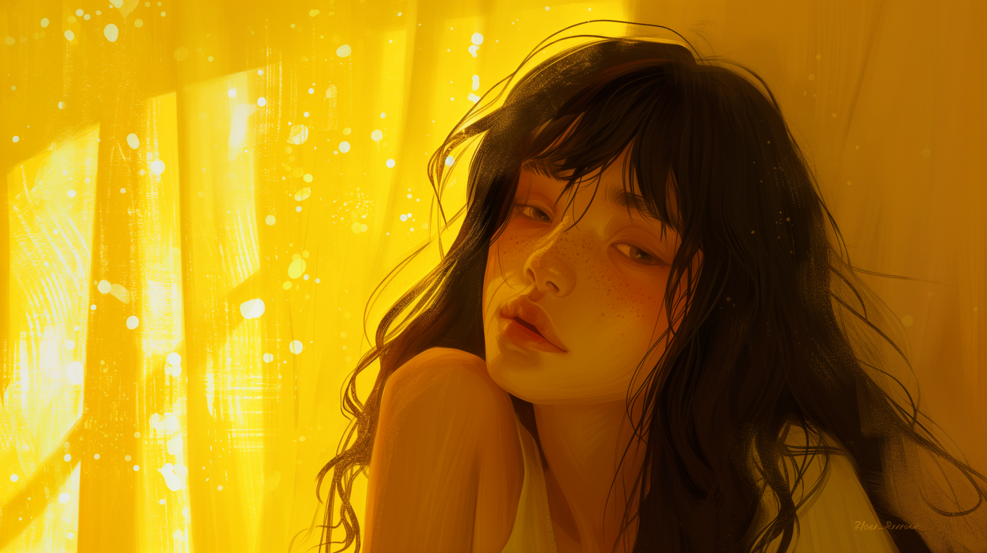 A sad lofi girl is depicted against a warm yellow background, capturing a moment of introspection. This HD desktop wallpaper evokes a serene and contemplative mood.