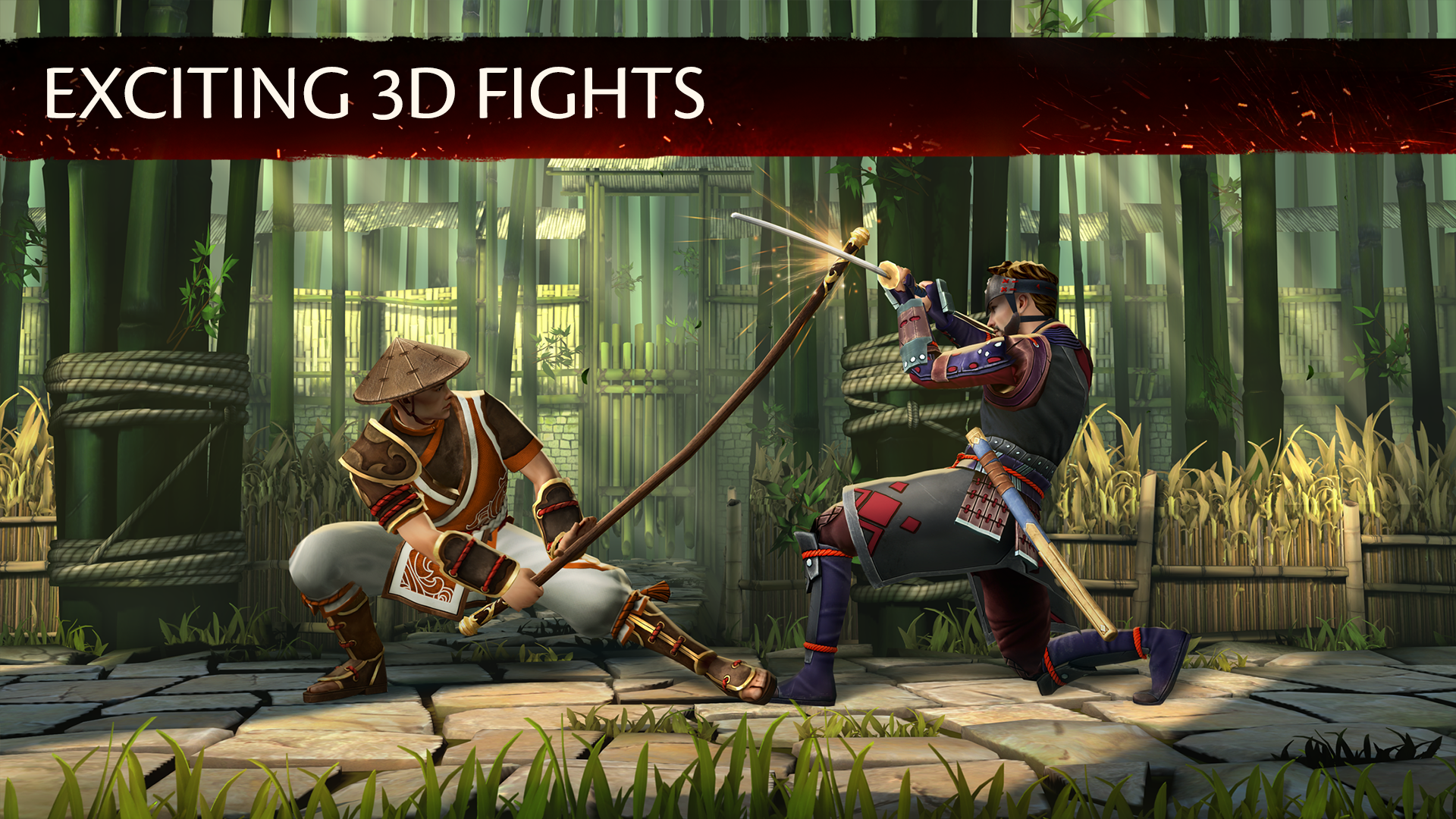 HD Shadow Fight 3 wallpaper featuring two warriors engaged in combat with 'Exciting 3D Fights' text for desktop background.