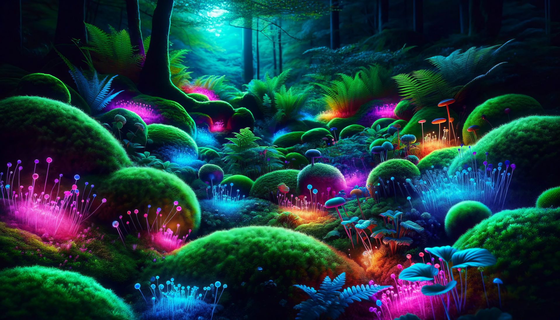 A vibrant moss garden illuminated by glowing fungi and colorful plants, set in a serene forest. This HD wallpaper captures a magical, enchanting atmosphere.