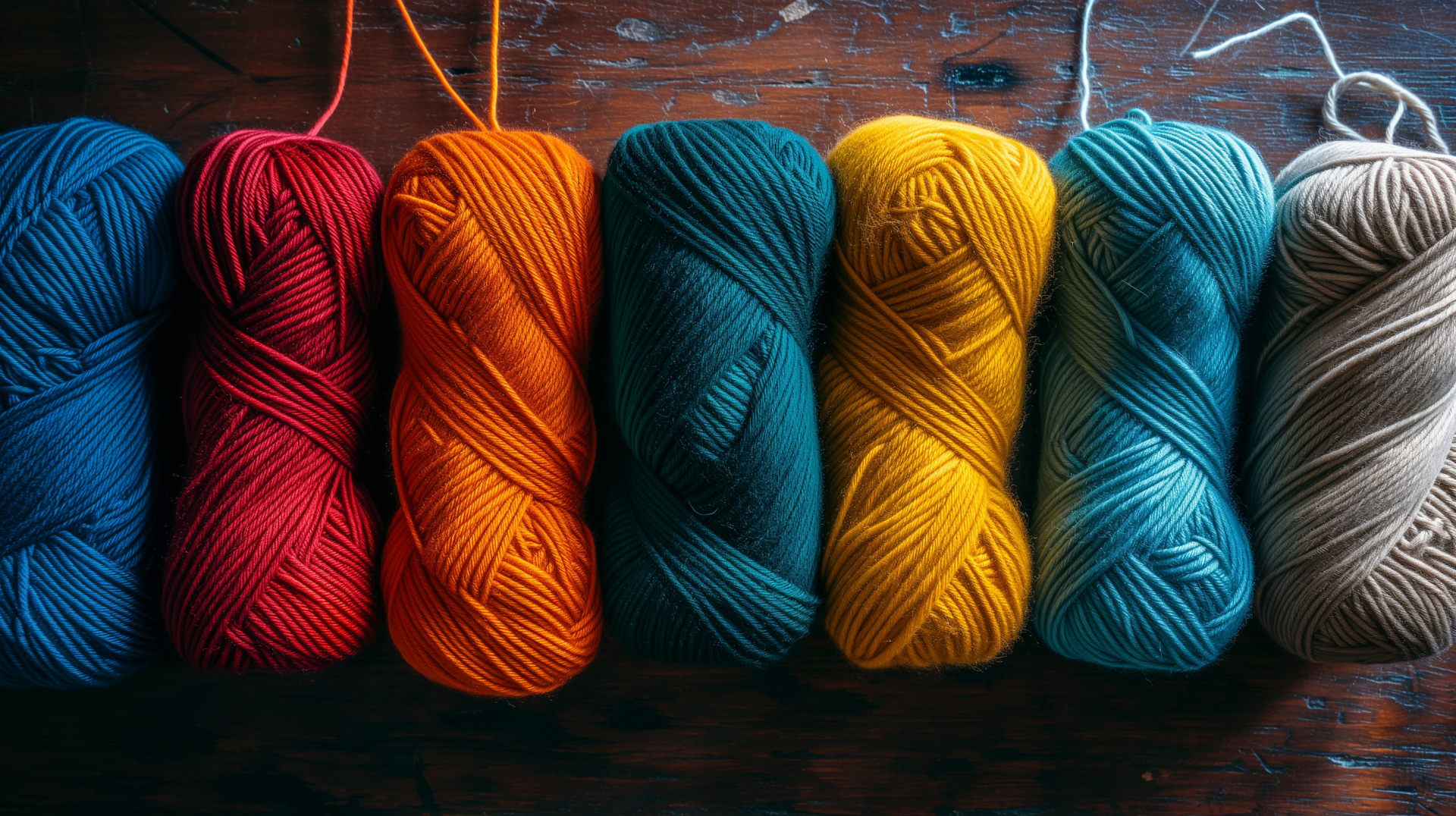 A vibrant assortment of yarn in red, orange, yellow, teal, and beige, displayed neatly on a wooden surface, creating a colorful and inviting desktop wallpaper.