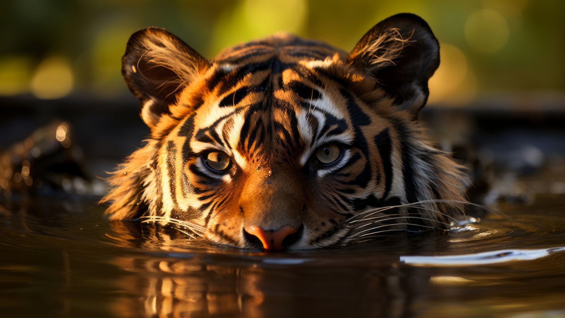 HD wallpaper of a majestic tiger swimming underwater with only its head above the surface, highlighted by warm sunlight.