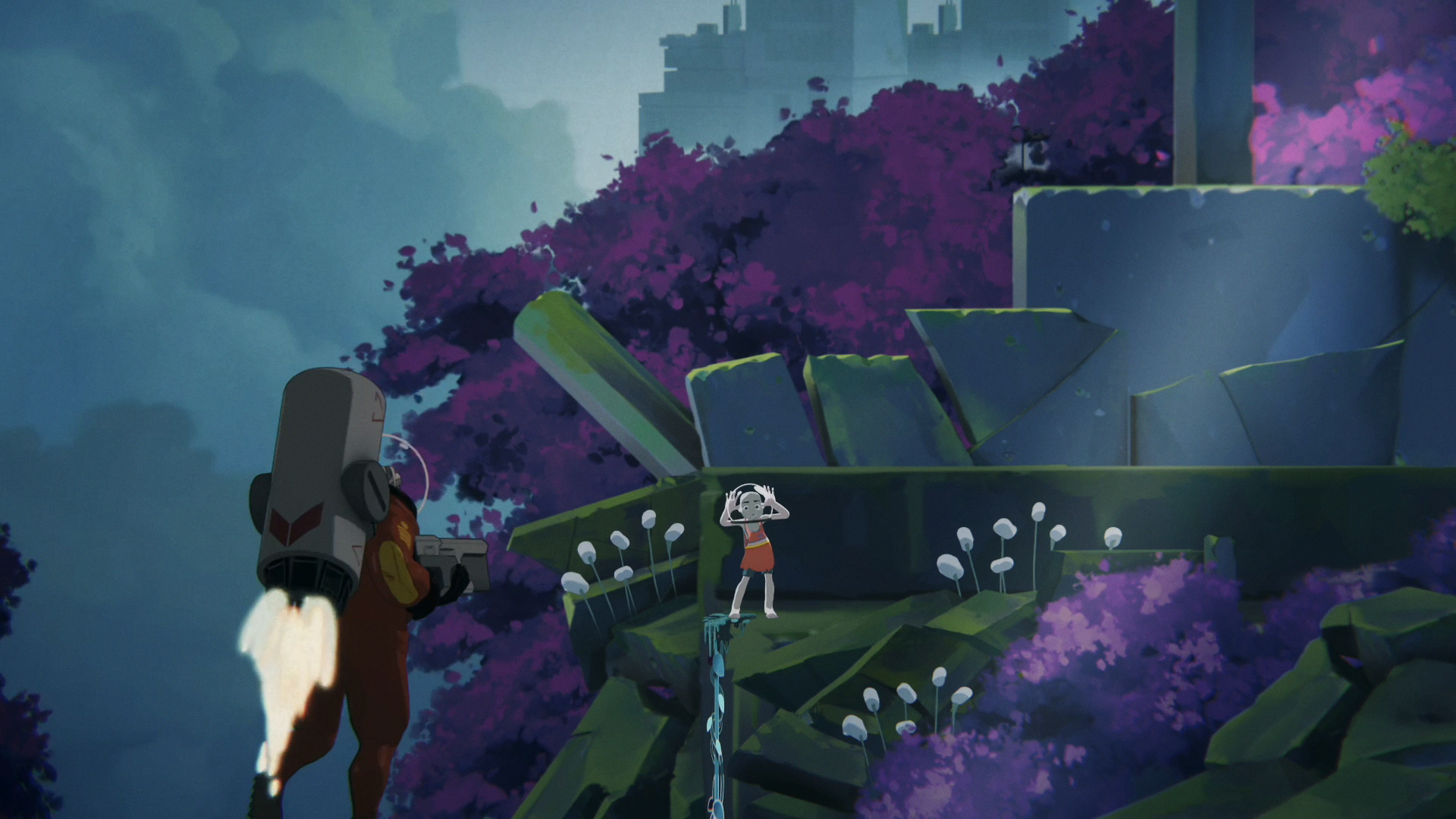 HD desktop wallpaper featuring a scene from the video game 'The Cub' with a character in a jetpack hovering over a lush, alien terrain with vibrant purple flora.