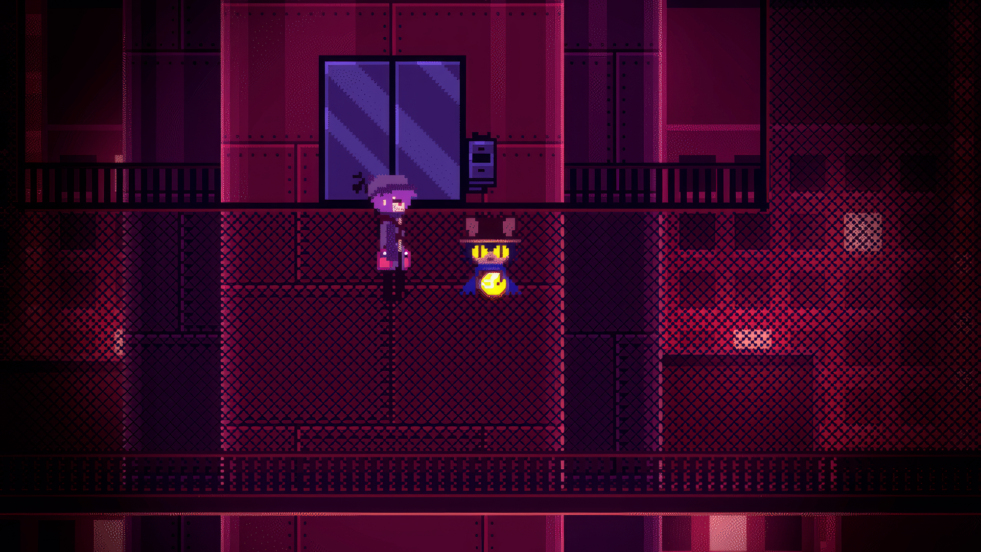 HD desktop wallpaper of OneShot video game featuring main character and glowing yellow cat-like creature in a dimly lit, futuristic setting.