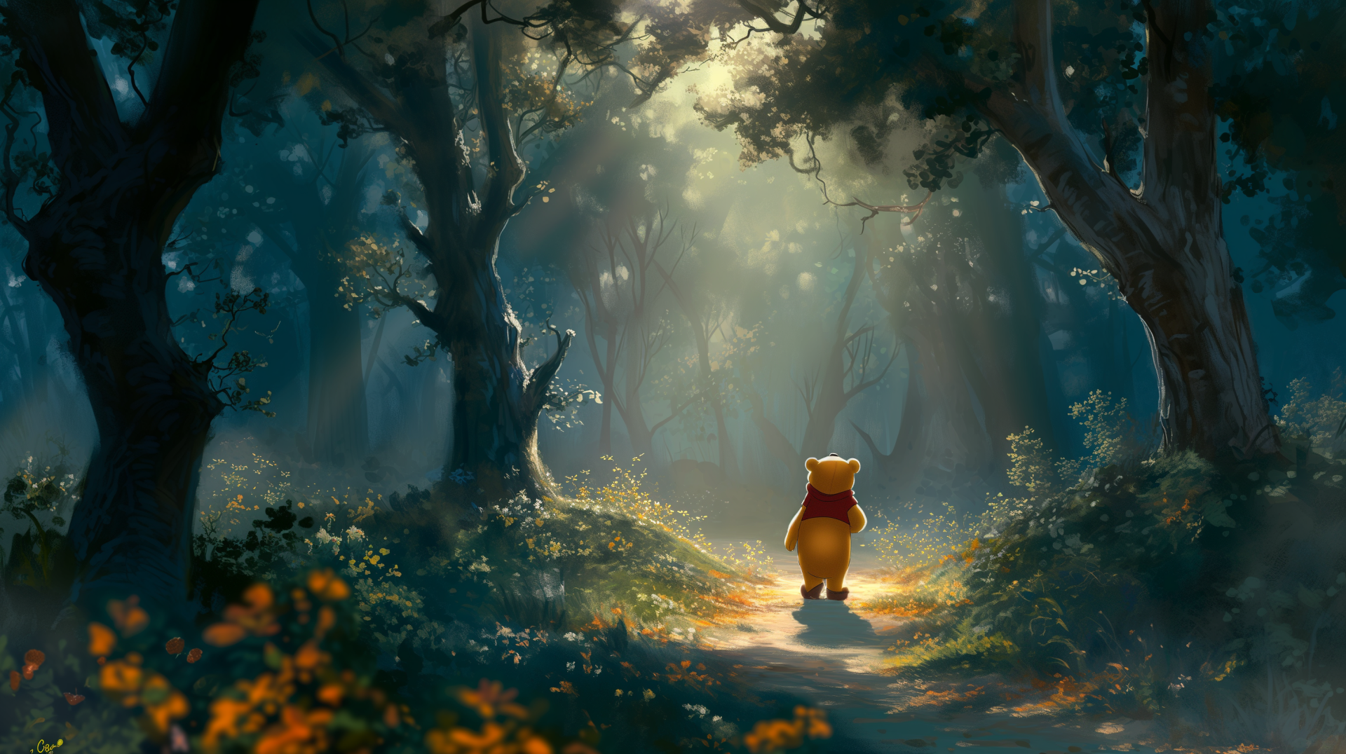 A serene HD desktop wallpaper featuring Winnie the Pooh walking through a sunlit forest, surrounded by lush greenery and enchanting light filtering through the trees.