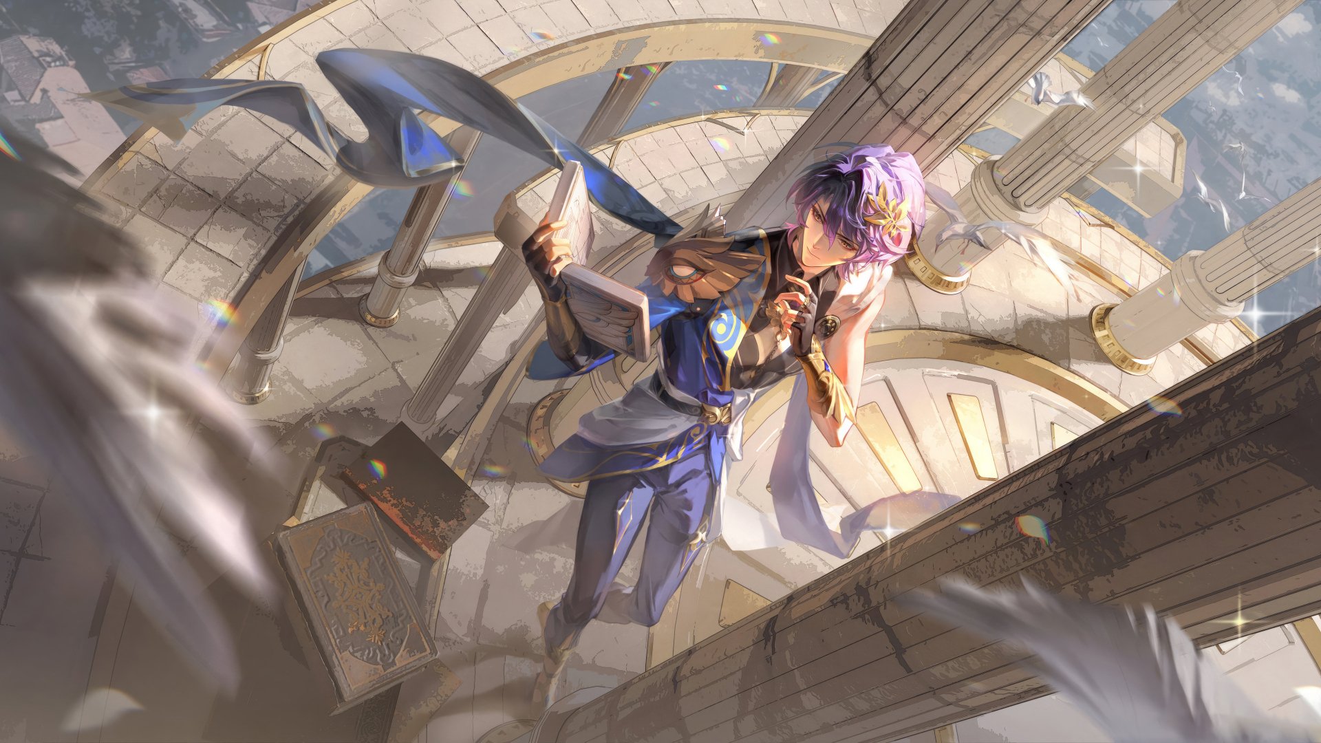 HD wallpaper featuring Dr. Ratio from Honkai: Star Rail video game with dynamic pose against an architecturally intricate background.