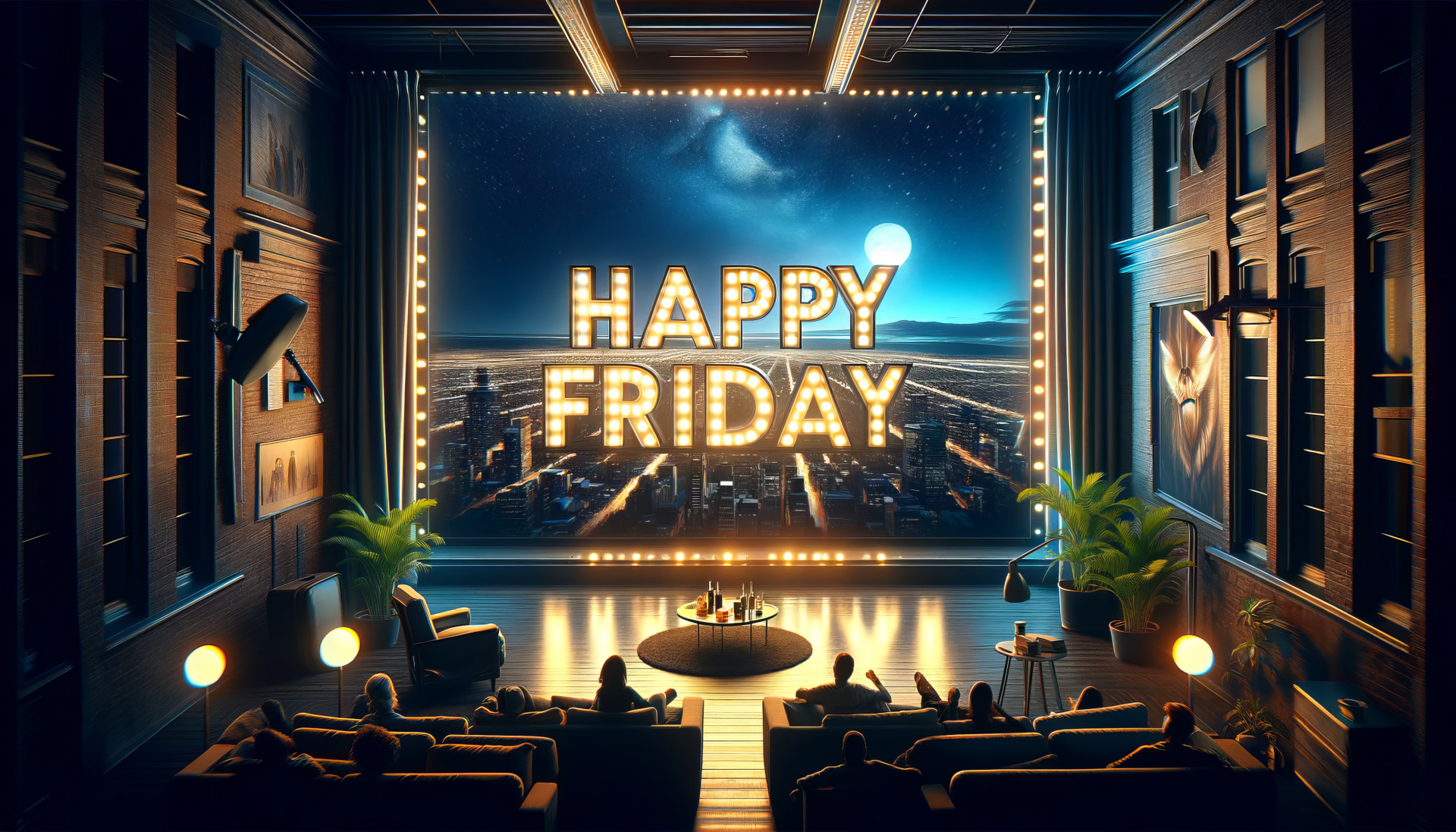 HD desktop wallpaper featuring a theater-inspired 'Happy Friday' message with a starry night sky background.