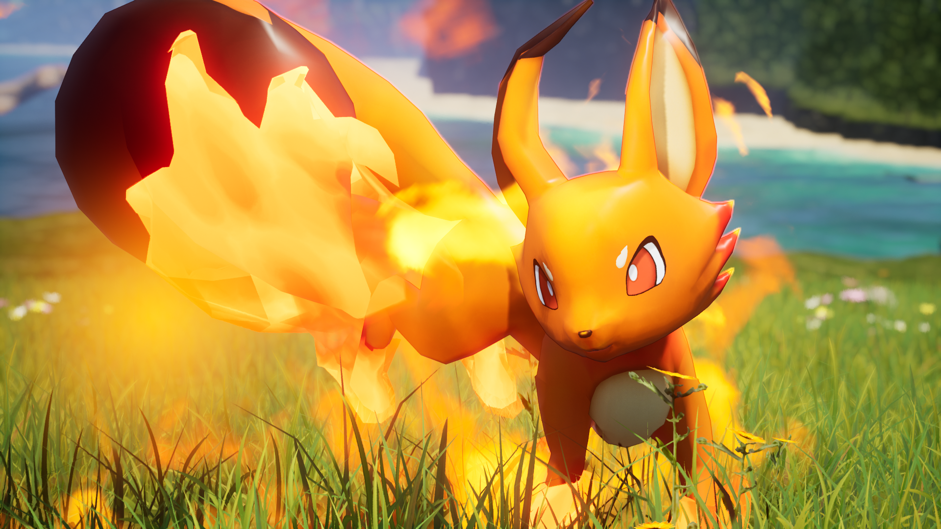 HD desktop wallpaper featuring a fiery orange creature from Palworld video game set against a vibrant grassy background.