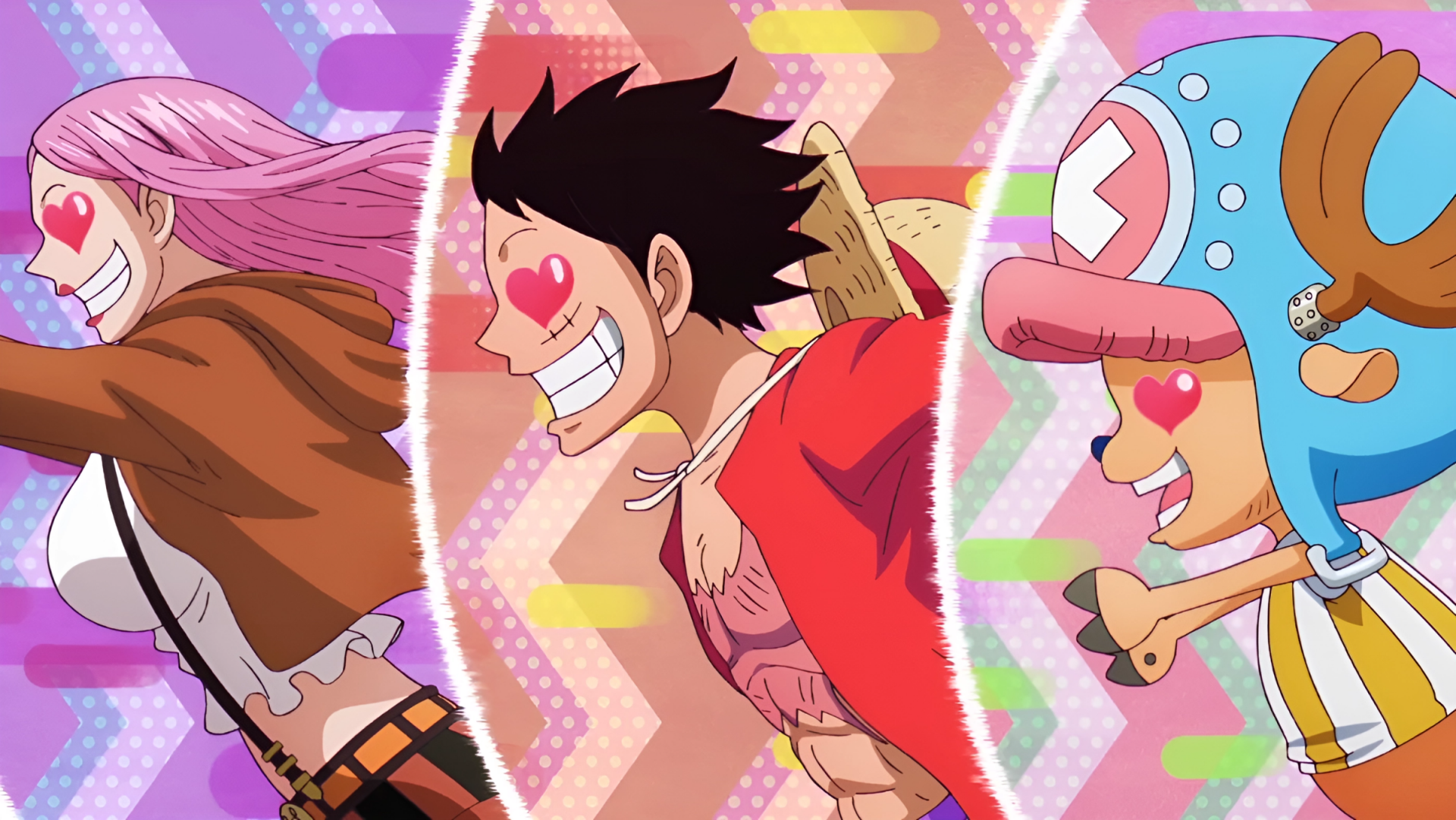 HD anime desktop wallpaper featuring One Piece characters Jewelry Bonney, Monkey D. Luffy, and Tony Tony Chopper with vibrant, colorful backgrounds and expressive faces.