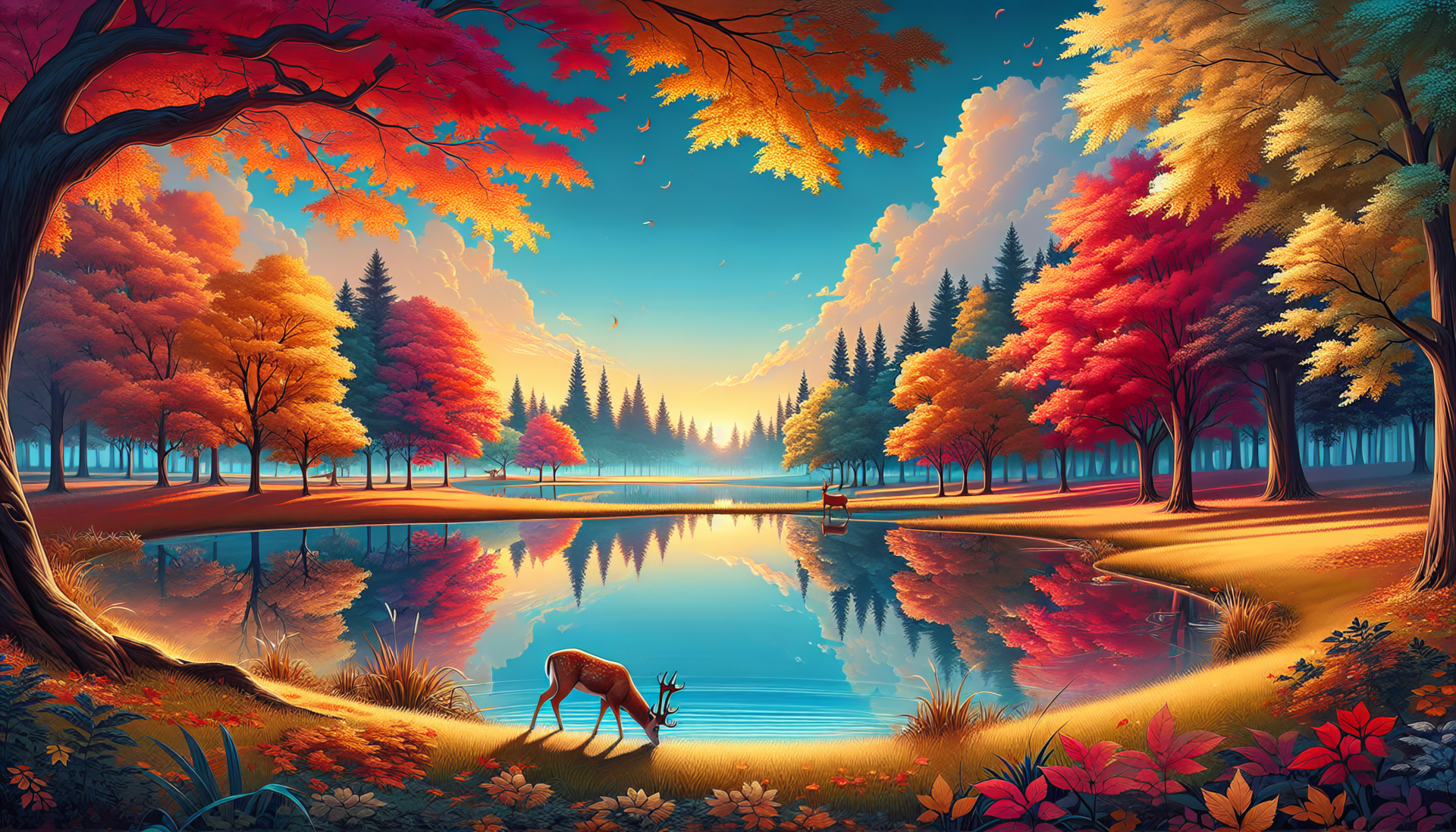 HD autumn desktop wallpaper featuring a scenic view of a tranquil lake, colorful fall trees, and a deer drinking water.