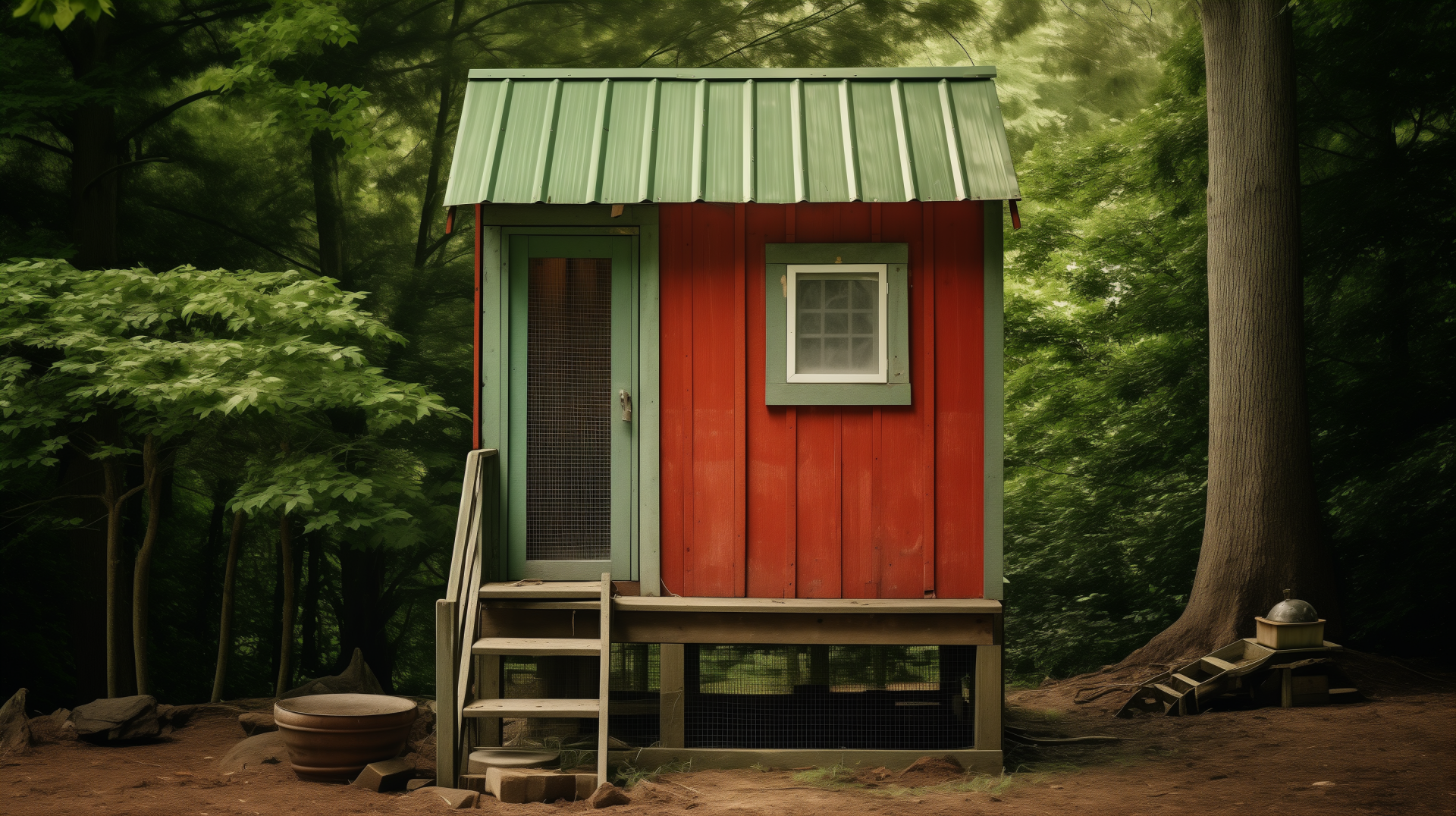A vibrant red and green chicken coop nestled among trees, showcasing rustic charm. This HD desktop wallpaper captures the essence of a serene, woodland environment.
