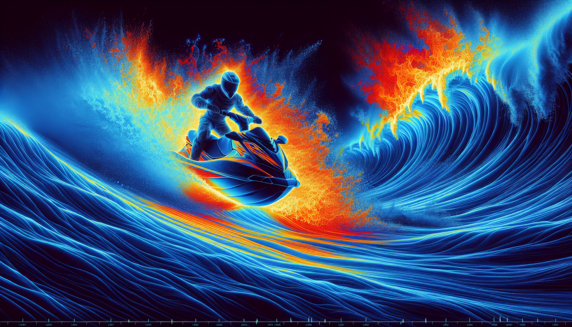 HD desktop wallpaper featuring a vivid illustration of a person on a jet ski with fiery waves and dynamic blue background.