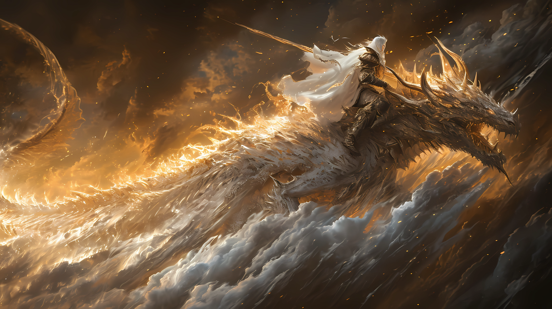 4K Ultra HD fantasy artwork of an Asian warrior riding a majestic dragon through fiery clouds, showcasing intricate AI-generated details and dynamic motion.