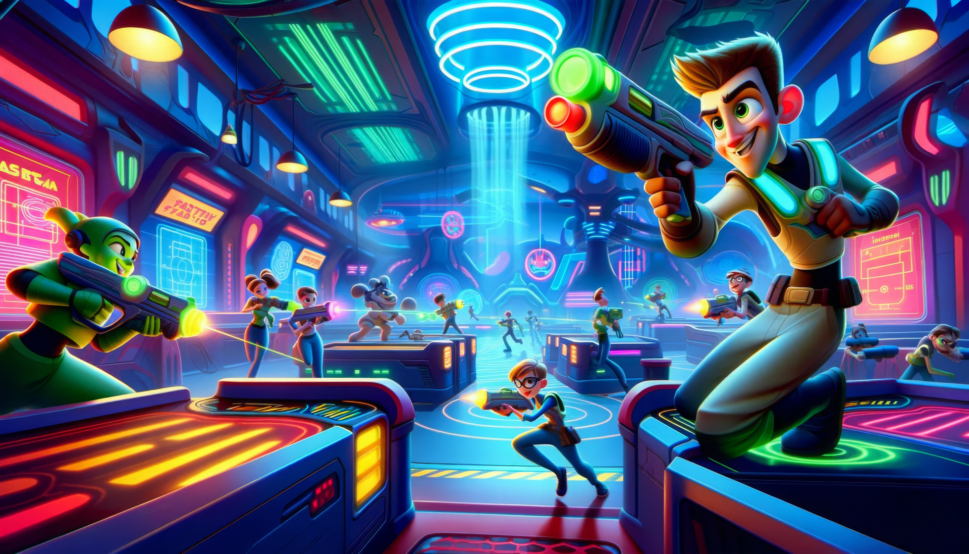 Vibrant HD wallpaper of an animated laser tag game with players in a futuristic arena for desktop background.