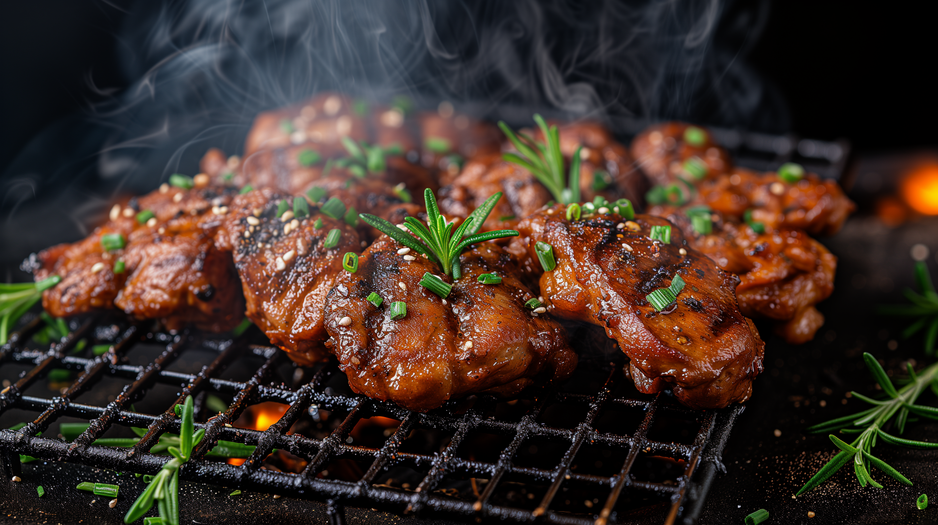 A close-up of juicy grilled chicken with herbs, sizzling on a barbecue grill, emitting flavorful smoke. This HD image makes a vibrant desktop wallpaper for BBQ enthusiasts.
